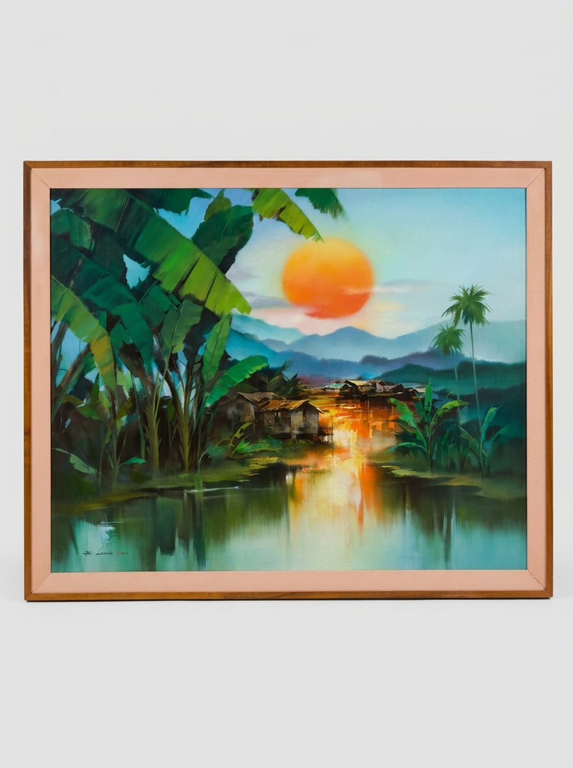 Hong Leung "Tropical Village at Sunset": This oil on canvas painting depicts a tropical village at sunset, featuring a glowing orange sun reflected in the water. The work is signed 'H. Leung' and dated 1988 in the lower left corner. Provenan