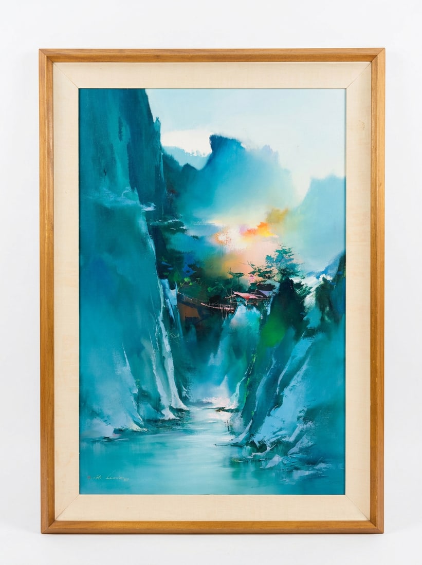 Hong Leung Oil on Canvas: This large-scale oil on canvas features a vertical landscape by Hong Leung, depicting a misty mountain gorge with a small village. The composition uses a bold palette of teal and deep blue tones accen
