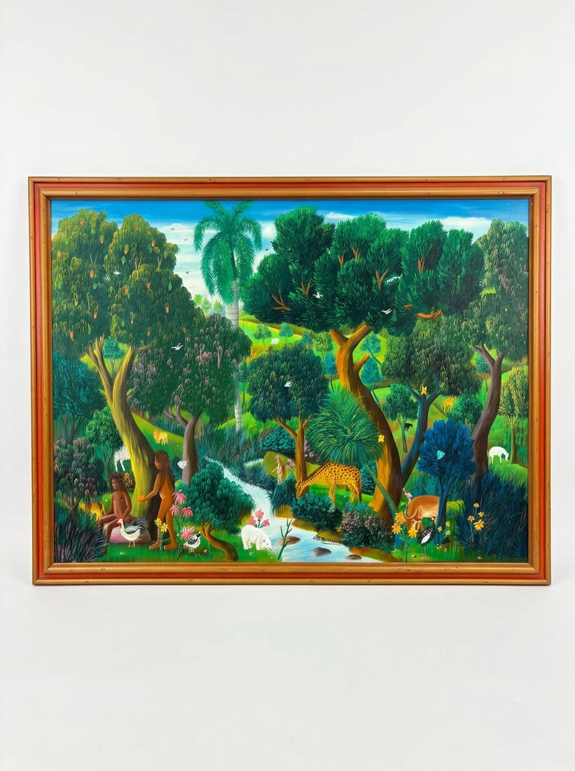 Jean David Boursiquot- "Garden of Eden": Haitian Art. Oil on Board. It is signed lower right J.D. Boursiquot. Size 36" X 48" Framed 40" X 52". Beautiful Forrest scene with Adam & Eve.
