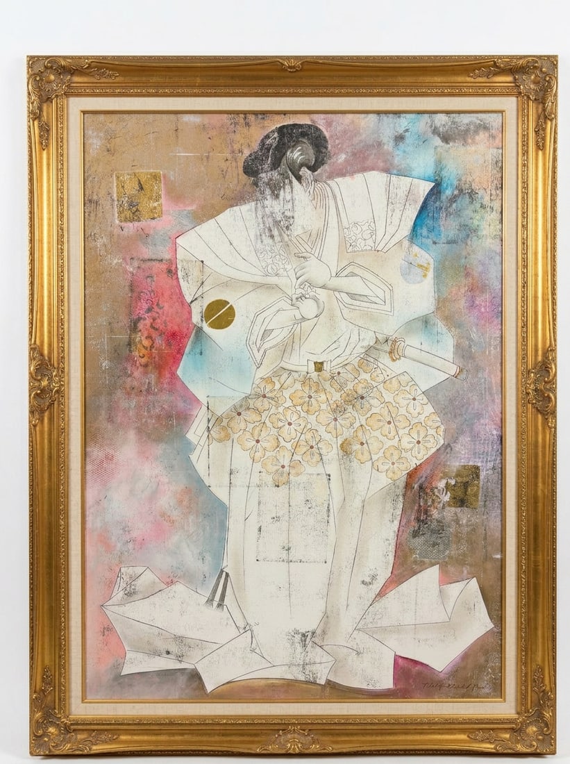 Philip Standish Read "Japanese Samurai": This large-scale mixed media on canvas depicts a stylized figure in traditional Japanese-inspired attire, featuring a sword and floral patterned garments. The work utilizes a colorful, atmospheric bac