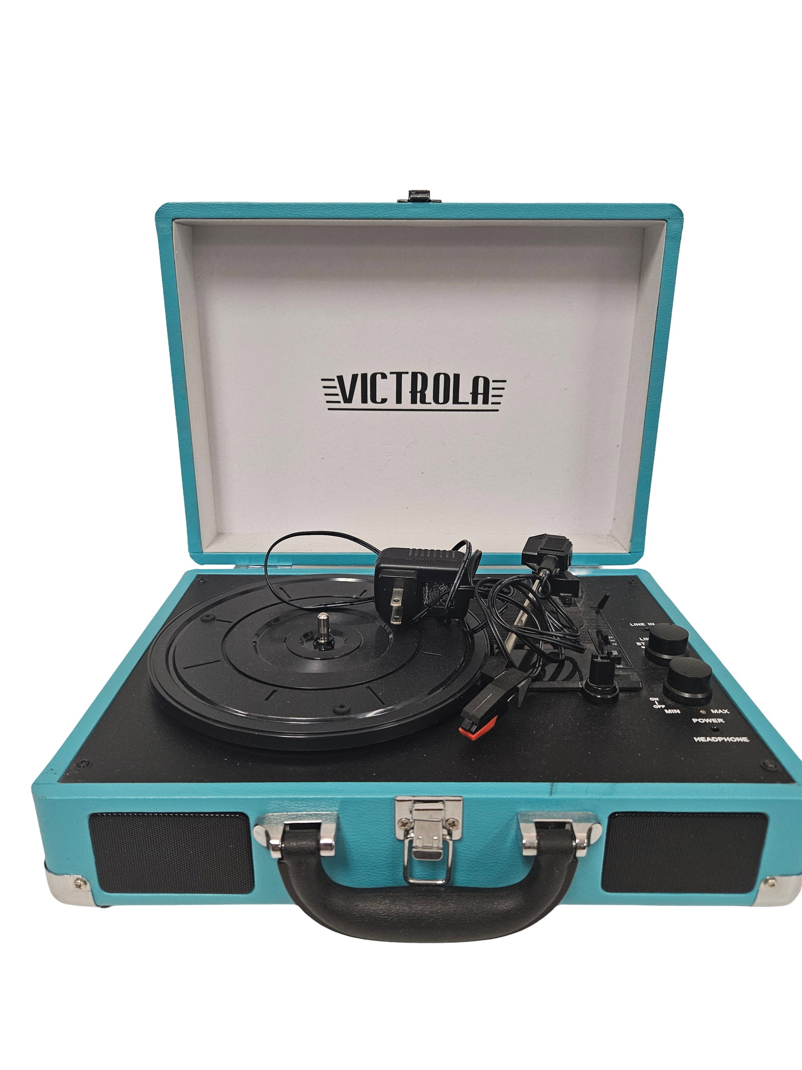 Victrola Portable Suitcase Turntable: This Victrola portable suitcase turntable features a vibrant turquoise faux-leather exterior with chrome-tone hardware and a built-in carrying handle. It includes a three-speed belt-driven turntable, 
