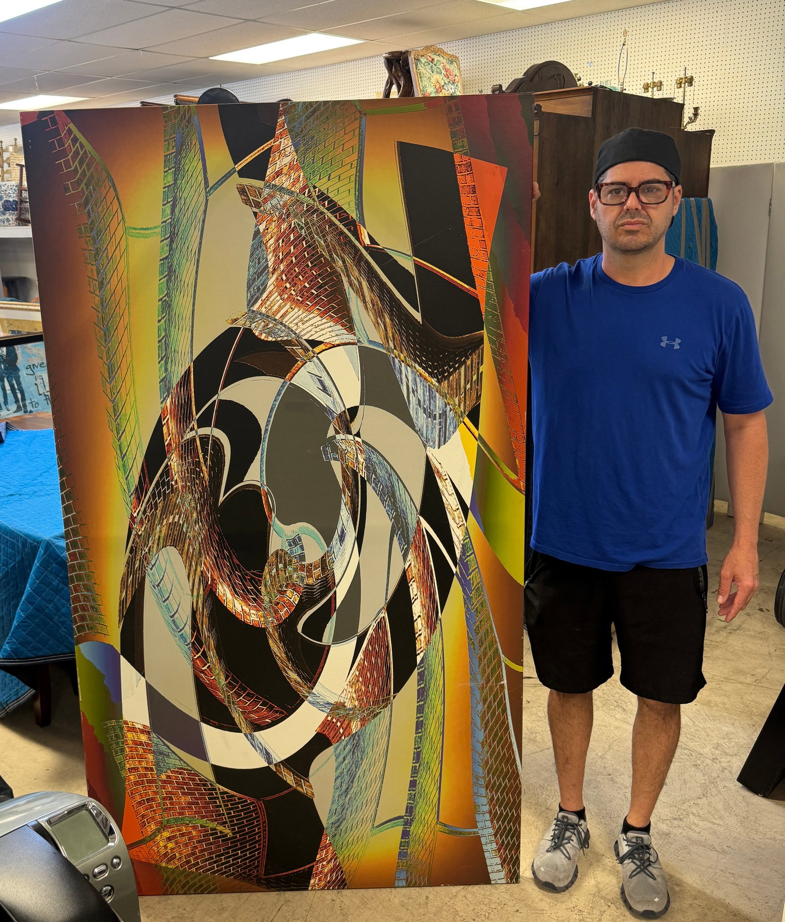 Large Abstract Geometric Canvas Print: This large-scale contemporary giclee on canvas features a vibrant abstract composition with swirling geometric paths and architectural patterns. The piece utilizes a rich color palette of ochre, emera