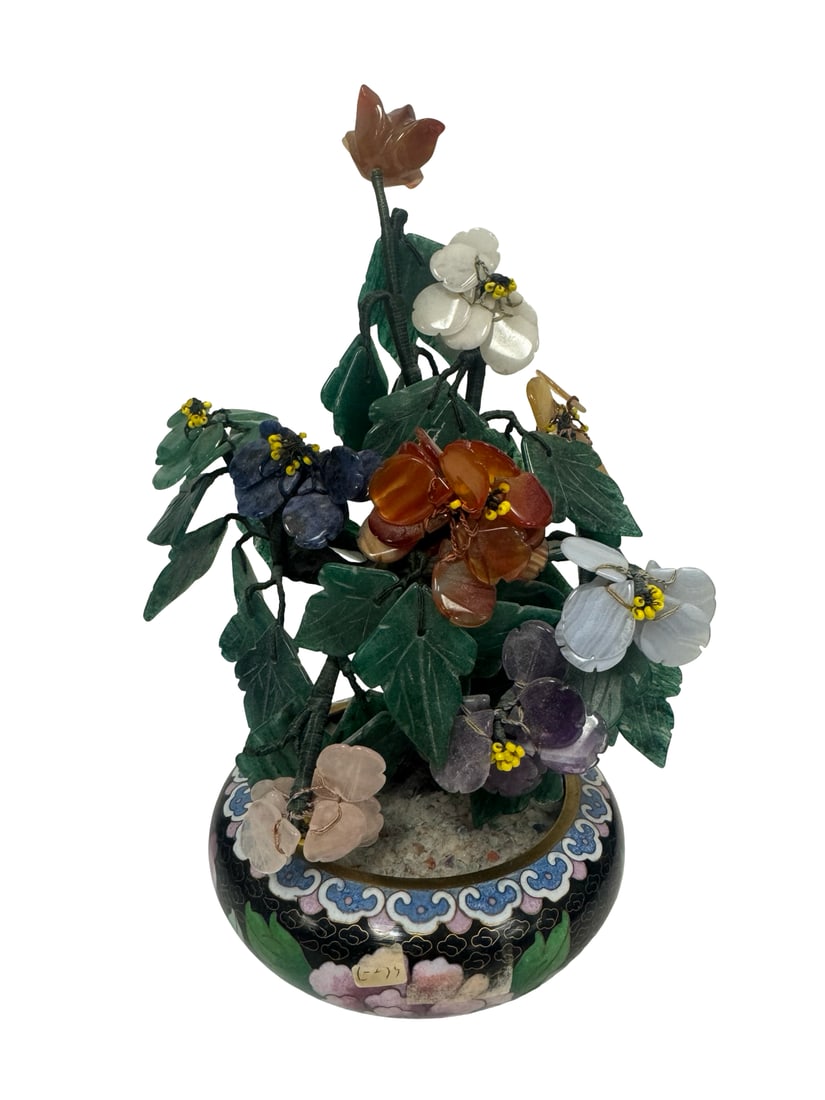 Chinese Hardstone & Cloisonné Bonsai: This vintage Chinese-style bonsai tree features hand-carved hardstone petals in various colors including rose quartz, carnelian, and agate. The floral arrangement is set within a decorative cloisonn&#