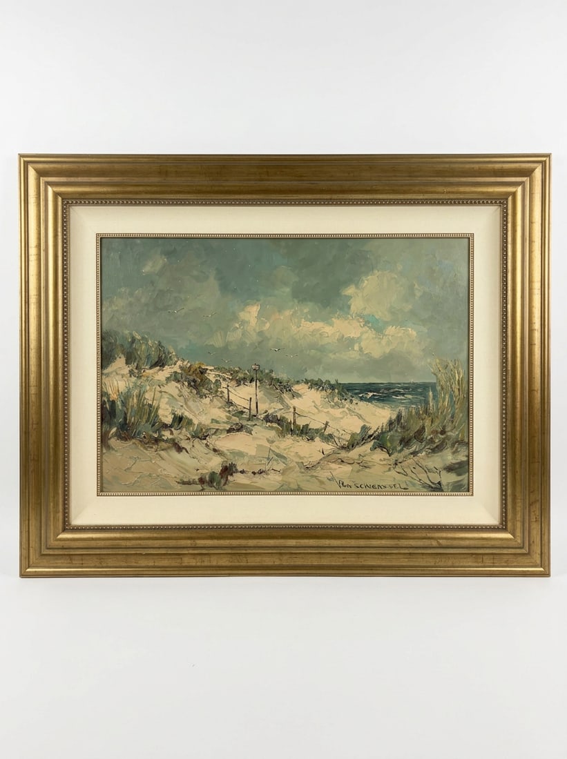 Van Schendel Oil on Canvas "Ocean Dunes": Thinly applied oil on canvas painting depicting a coastal dune landscape with seagulls under a cloudy sky. The work features thick impasto highlights in the sand dunes and is signed 'Van Schendel' in 