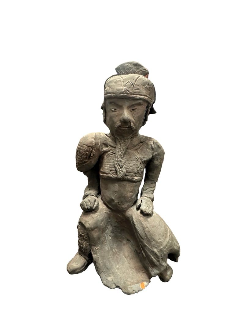 Chinese Style Terracotta Warrior Pottery: This hand-formed pottery figure is crafted in the manner of Chinese Terracotta Warriors, depicting a kneeling soldier in traditional armor. The piece features a dark grey, unglazed finish with detaile
