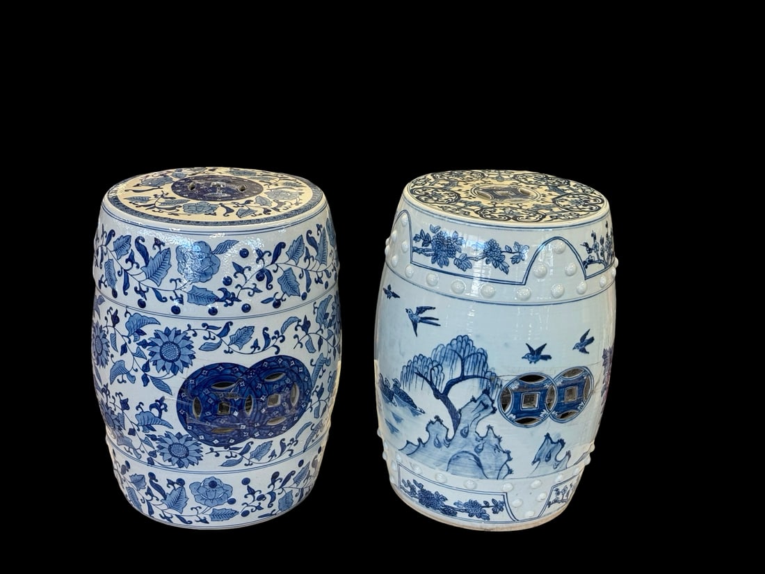 Pair of Blue and White Ceramic Stools (1 of 7)