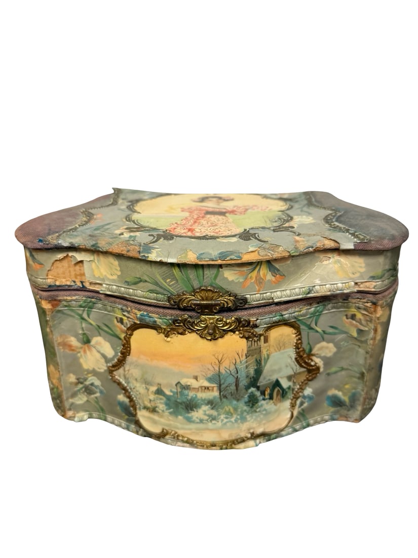 Antique Lithographed Victorian Vanity Bo: This antique Victorian-style lithographed collar or vanity box features a lid adorned with a Gibson Girl-style portrait and a front panel depicting a snowy winter village scene. The exterior is
