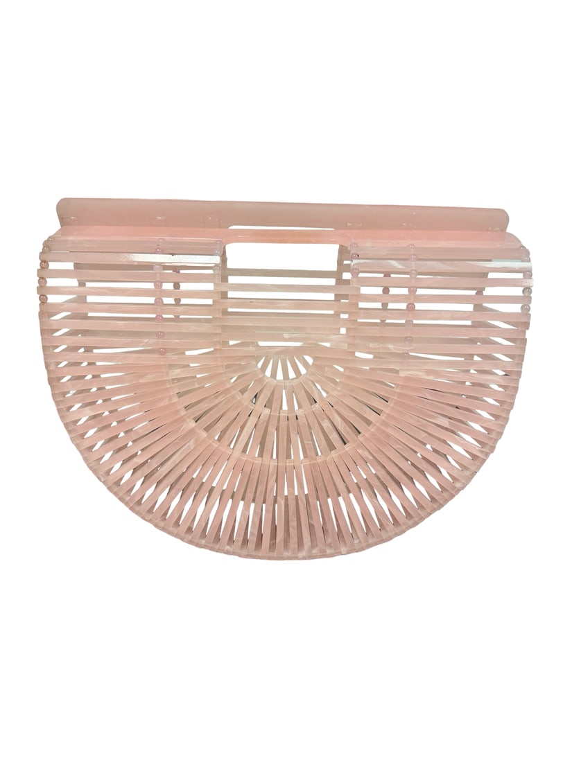 Cult Gaia Style Pink Acrylic Marbled Ark: This Cult Gaia Ark handbag is crafted from pale pink acrylic with a marbled finish. The architectural semi-circle silhouette features a slatted cage design and integrated top handles. It is marked