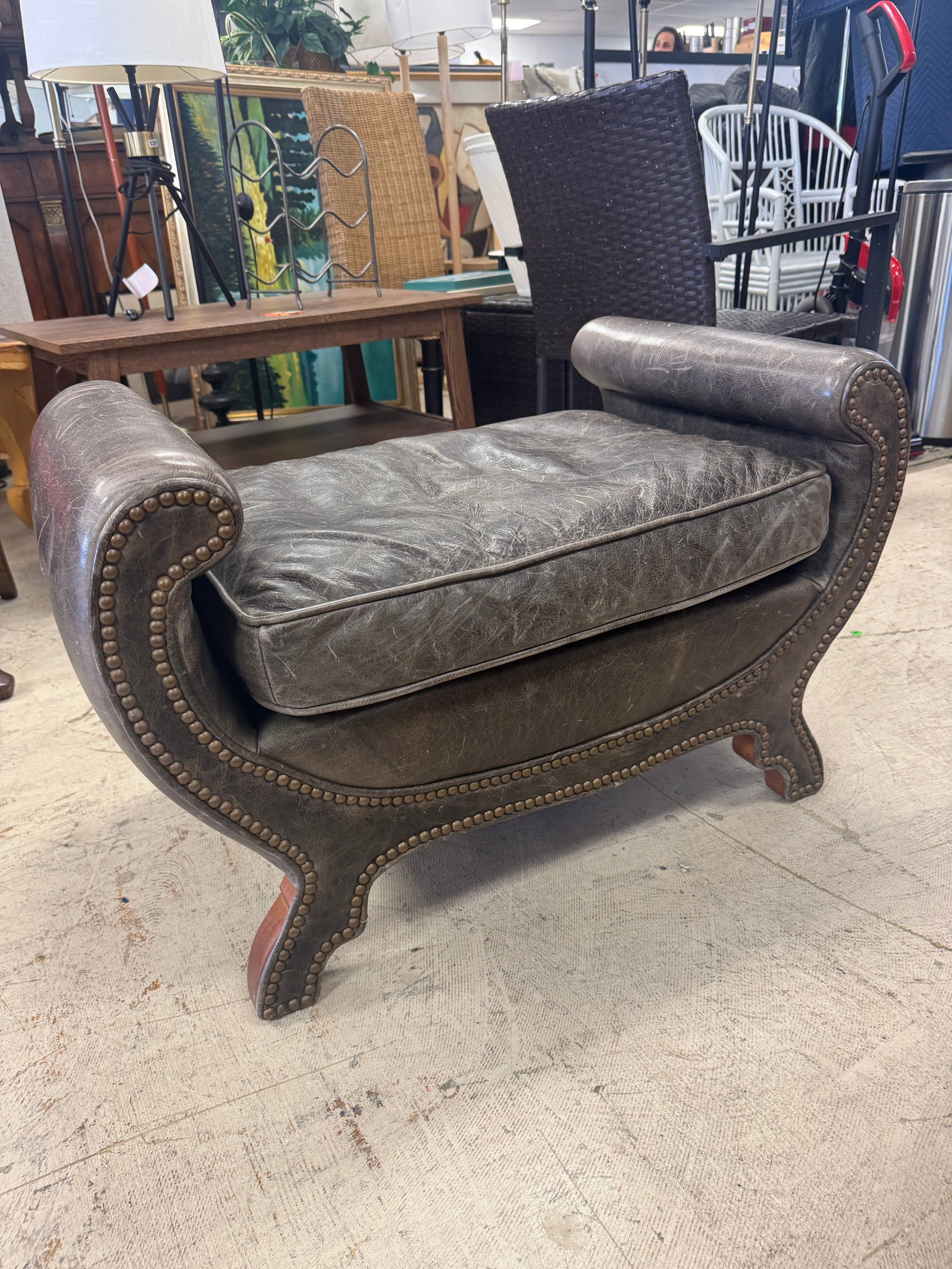 Century Furniture Duke of York Leather S: Century Furniture Duke of York Bench Featuring brown leather with nailhead trim and scrolled arms - Height: 20 in (50.8 cm)Width: 23 in (58.42 cm)Depth: 19 in (48.26 cm)