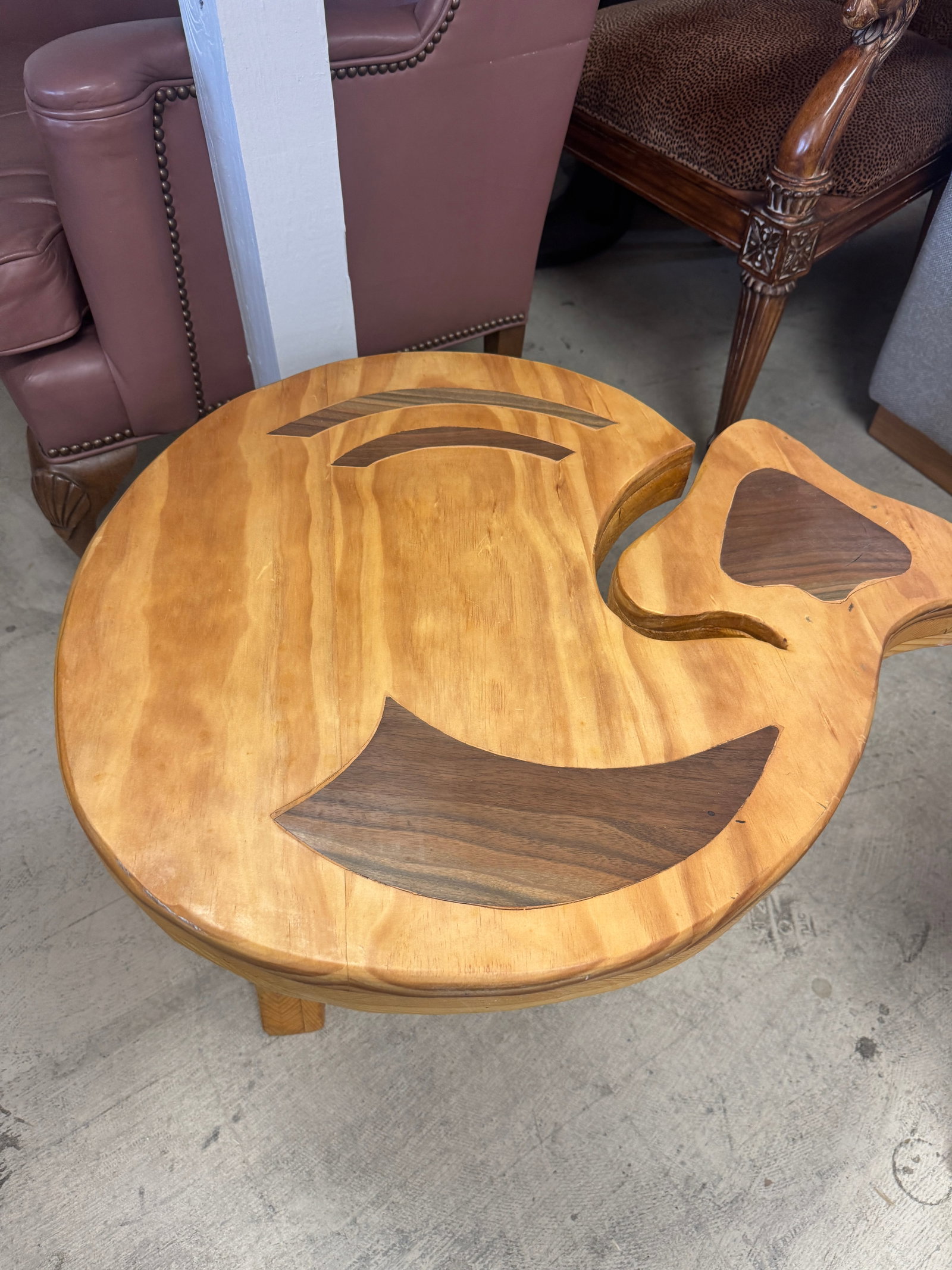 Artisan Pine Inlay Low Table Marked 'LOV (1 of 5)