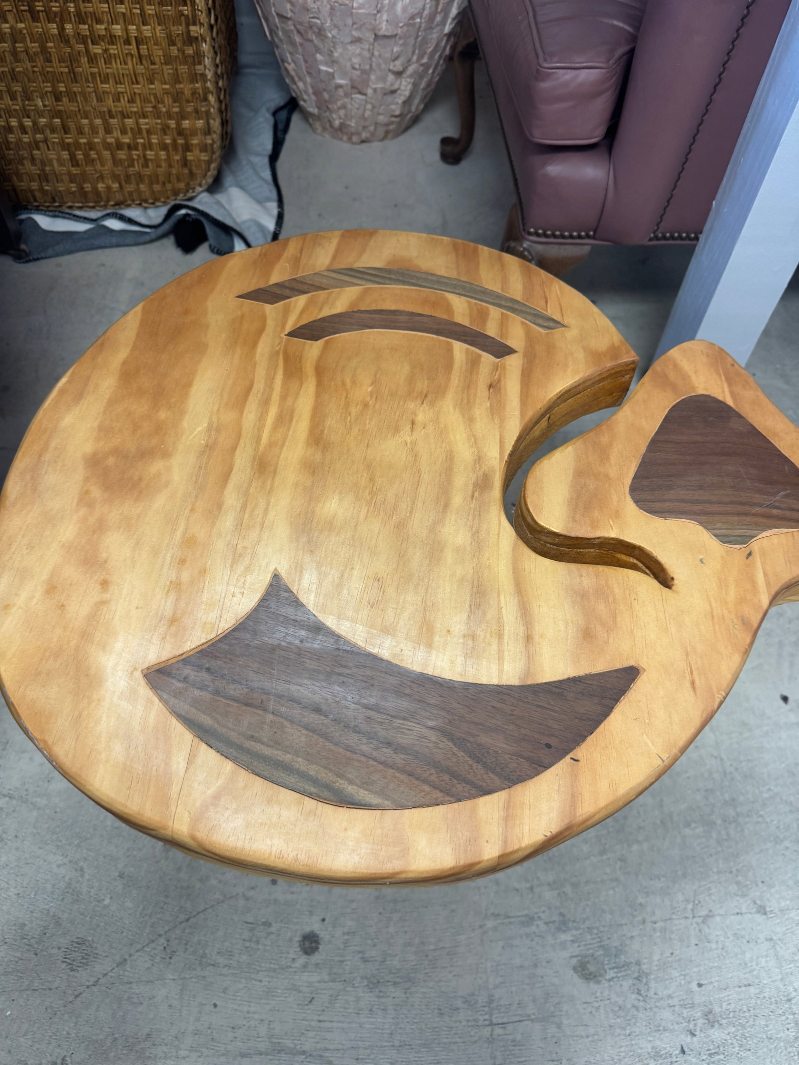 Artisan Pine Inlay Low Table Marked 'LOV - 2