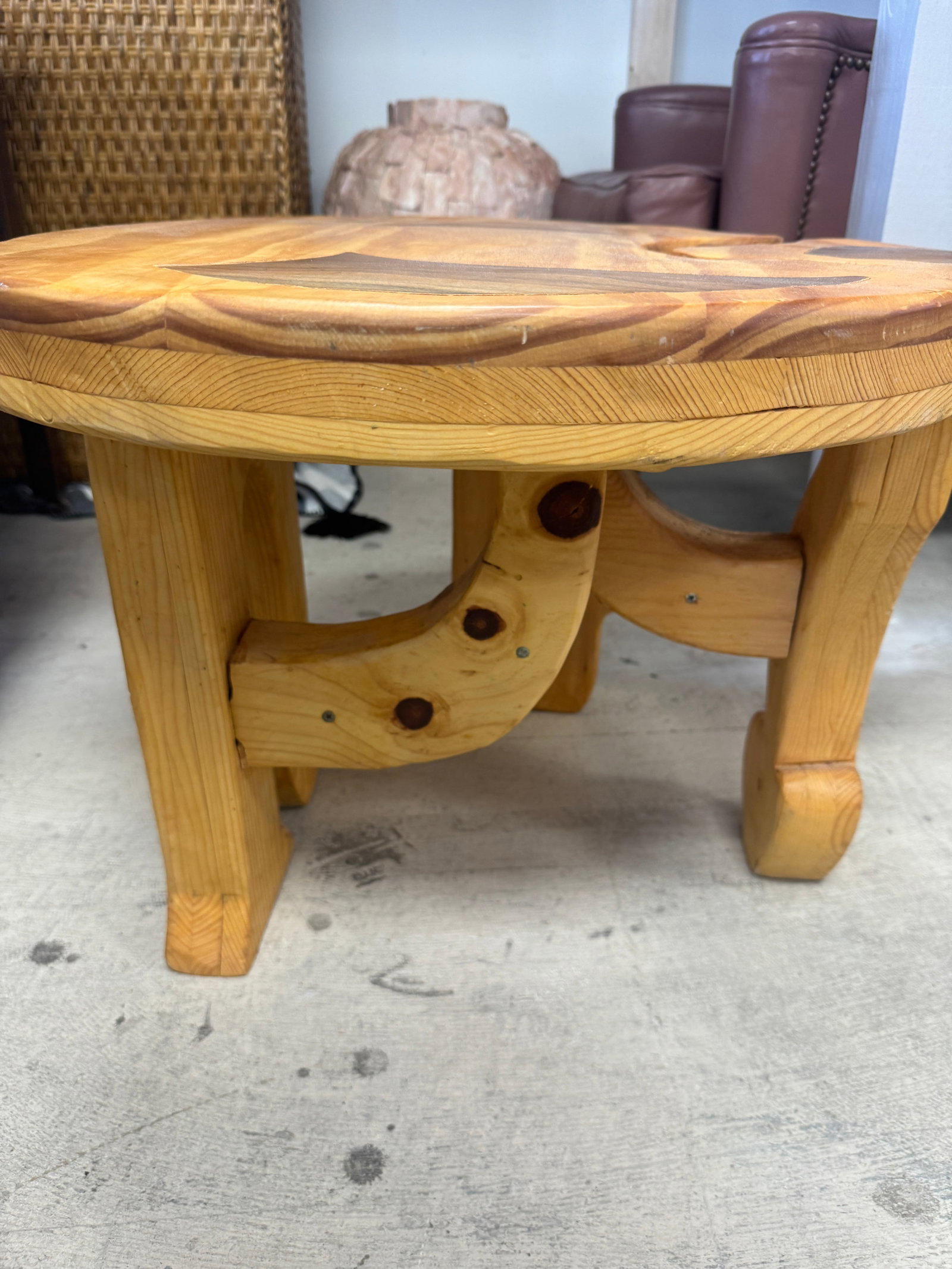 Artisan Pine Inlay Low Table Marked 'LOV - 3
