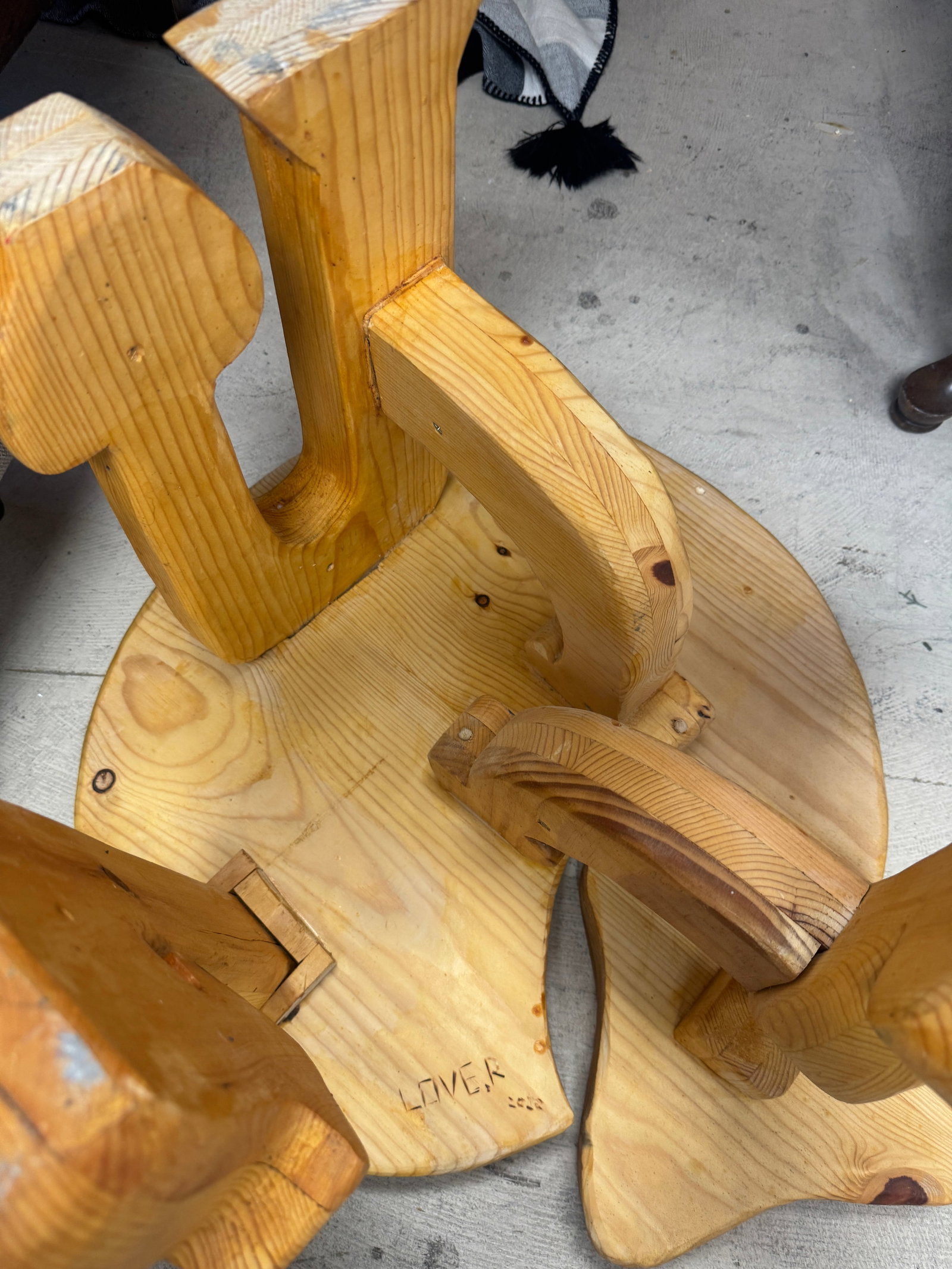Artisan Pine Inlay Low Table Marked 'LOV - 4