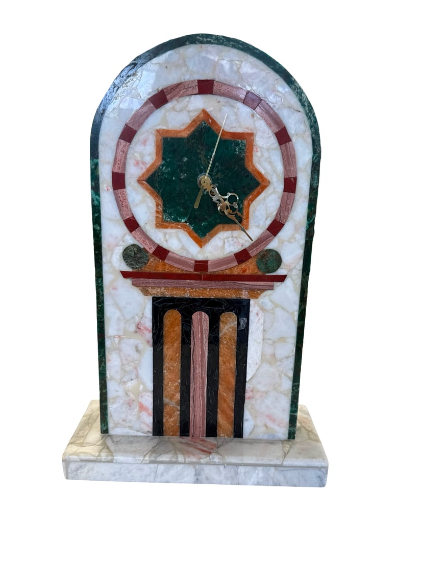 Mosaic Stone Inlay Geometric Desk Clock: This decorative mantel clock features a striking Islamic-inspired geometric design made from multi-colored stone mosaic tiles. The arched body and rectangular base are constructed from white and