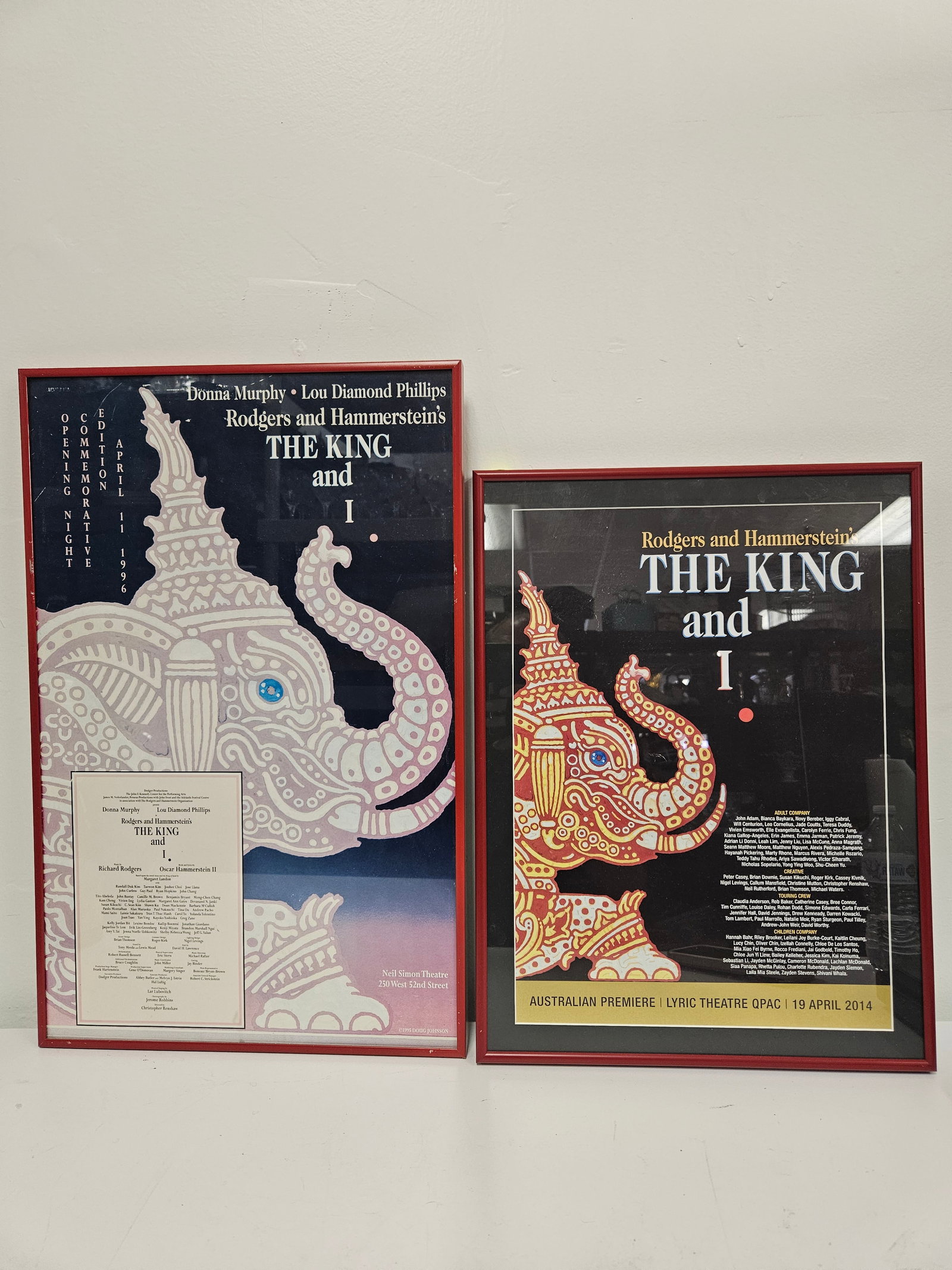 Two Framed 'The King and I' Posters: This lot includes two framed posters for Rodgers and Hammerstein's 'The King and I,' featuring distinctive elephant graphic artwork. One is a 1996 opening night commemorative edition from the Neil Sim