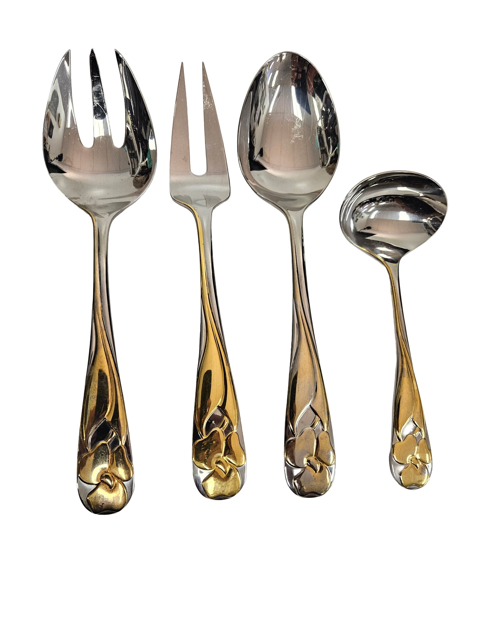 Yamazaki Cora Stainless Serving Set, 4pc: This four-piece serving set by Yamazaki features the elegant 'Cora' pattern with sculpted floral handles and gold-tone accents. The collection includes a large salad serving fork, a cold meat fork, a 
