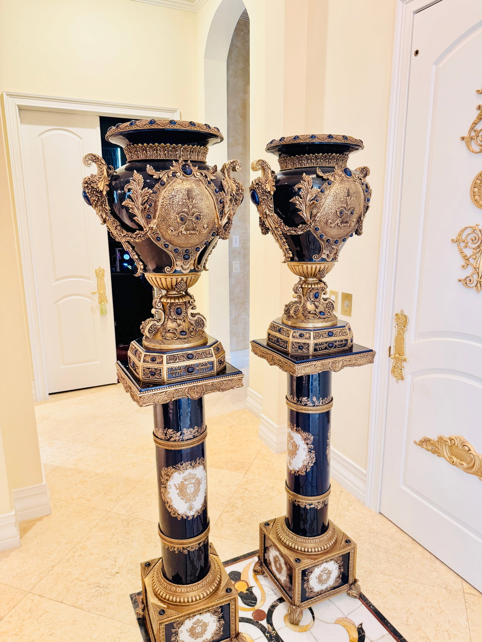 Pair Monumental Cobalt Porcelain Urns (1 of 14)