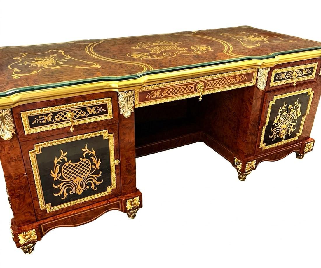 Louis XV Style Marquetry Executive Desk: This elaborate Louis XV style executive desk features intricate marquetry and parquetry work across the top and side panels. It is heavily adorned with gilt ormolu-style mounts, including acanthus lea