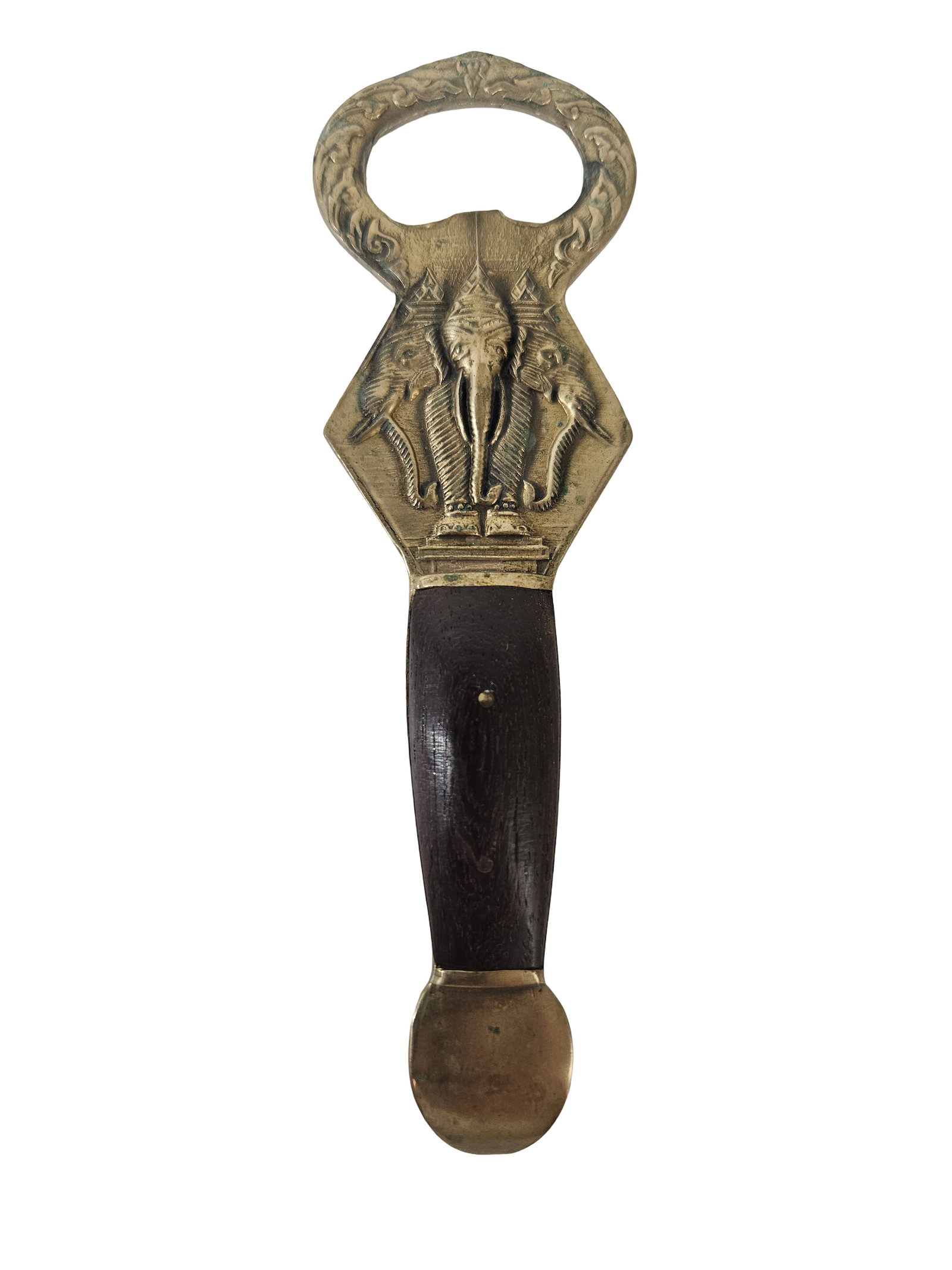 Vintage Brass Thai Elephant Bottle: This vintage Thai-inspired bottle opener features a cast brass head detailed with a traditional three-headed elephant Erawan motif. The tool is fitted with a dark hardwood handle secured by rivets