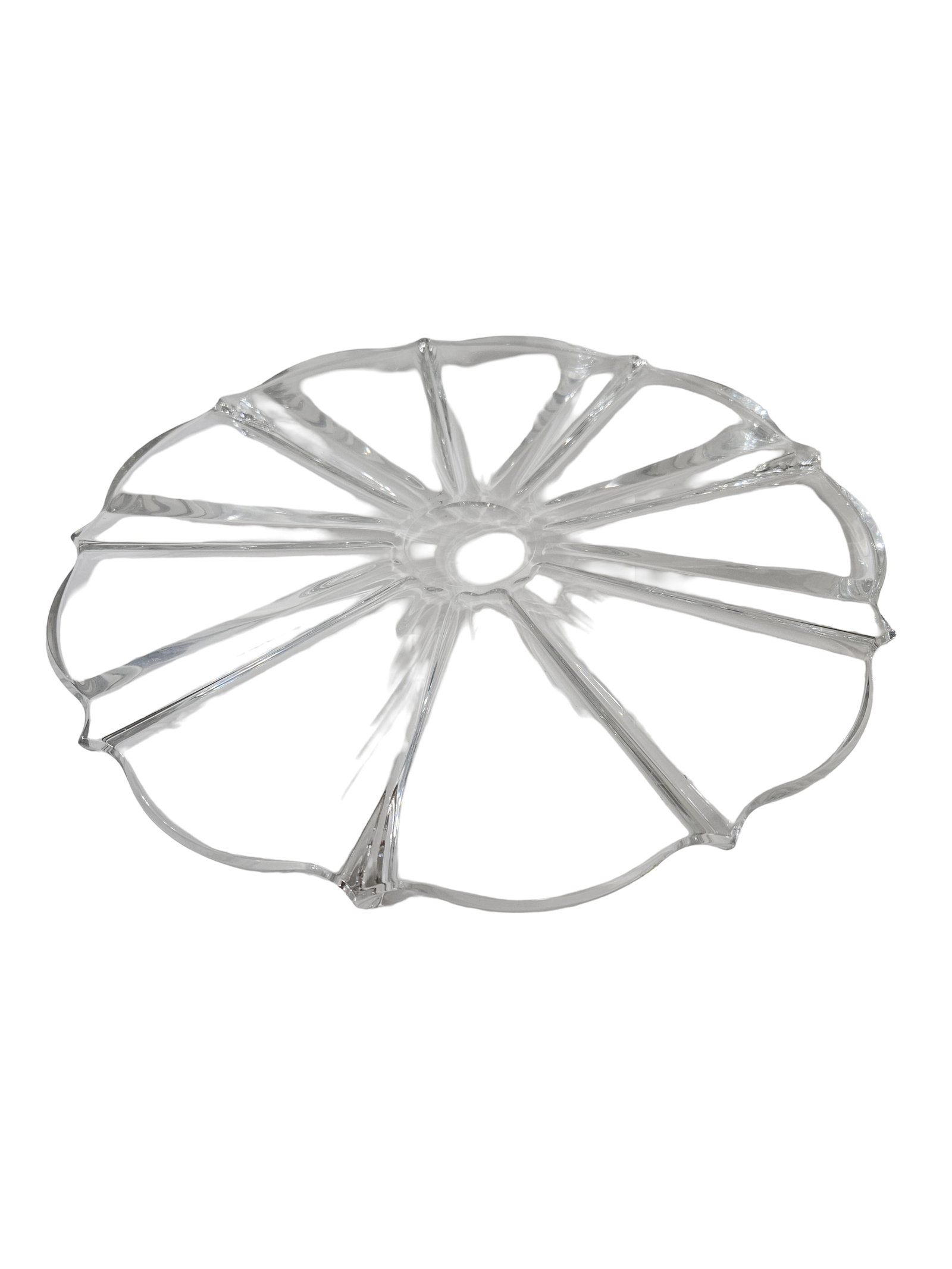 Syle of Tiffany Large Scalloped Sunburst: This large circular glass serving platter features a scalloped rim and a rayed, sunburst pattern radiating from the center. The heavy clear glass construction suggests it was designed for serving cake