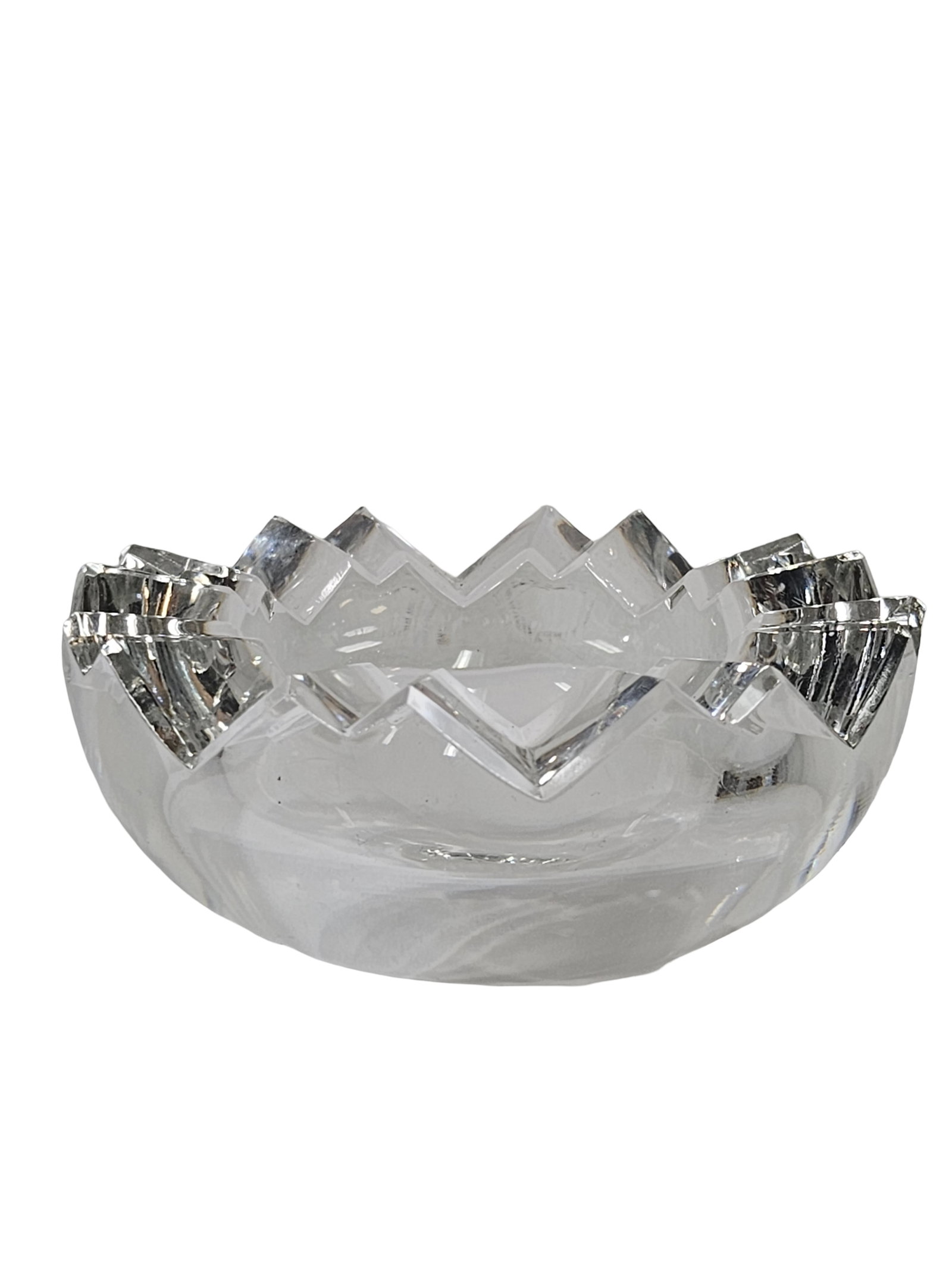 Rosenthal Crystal 100th Anniv. Bowl: A heavy crystal bowl featuring a bold zigzag rim and faceted geometric sides. The base is acid-etched with the 100th anniversary "100 Jahre Rosenthal" mark, dating it to approximately 1979-1980. This