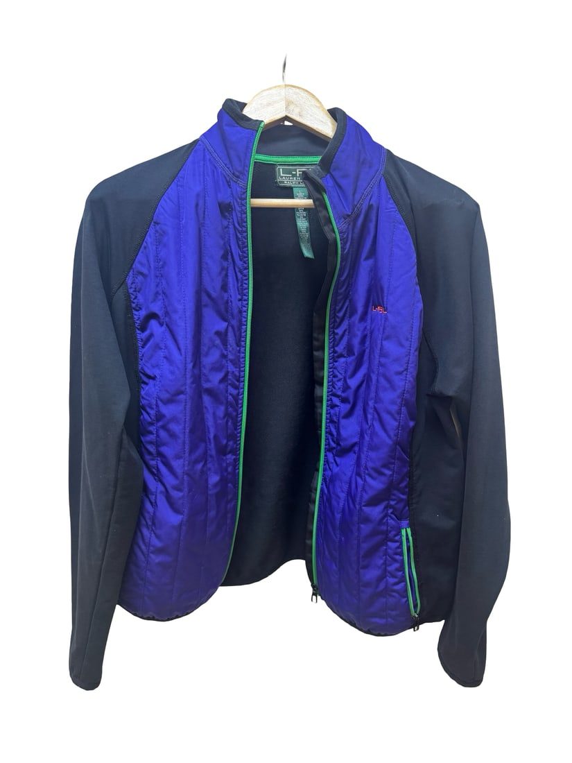 Lauren Ralph Lauren Active Hybrid Jacket: This Lauren Ralph Lauren Active jacket features a distinctive hybrid design with a quilted purple front panel and black jersey sleeves and back. It is accented with vibrant green piping along the