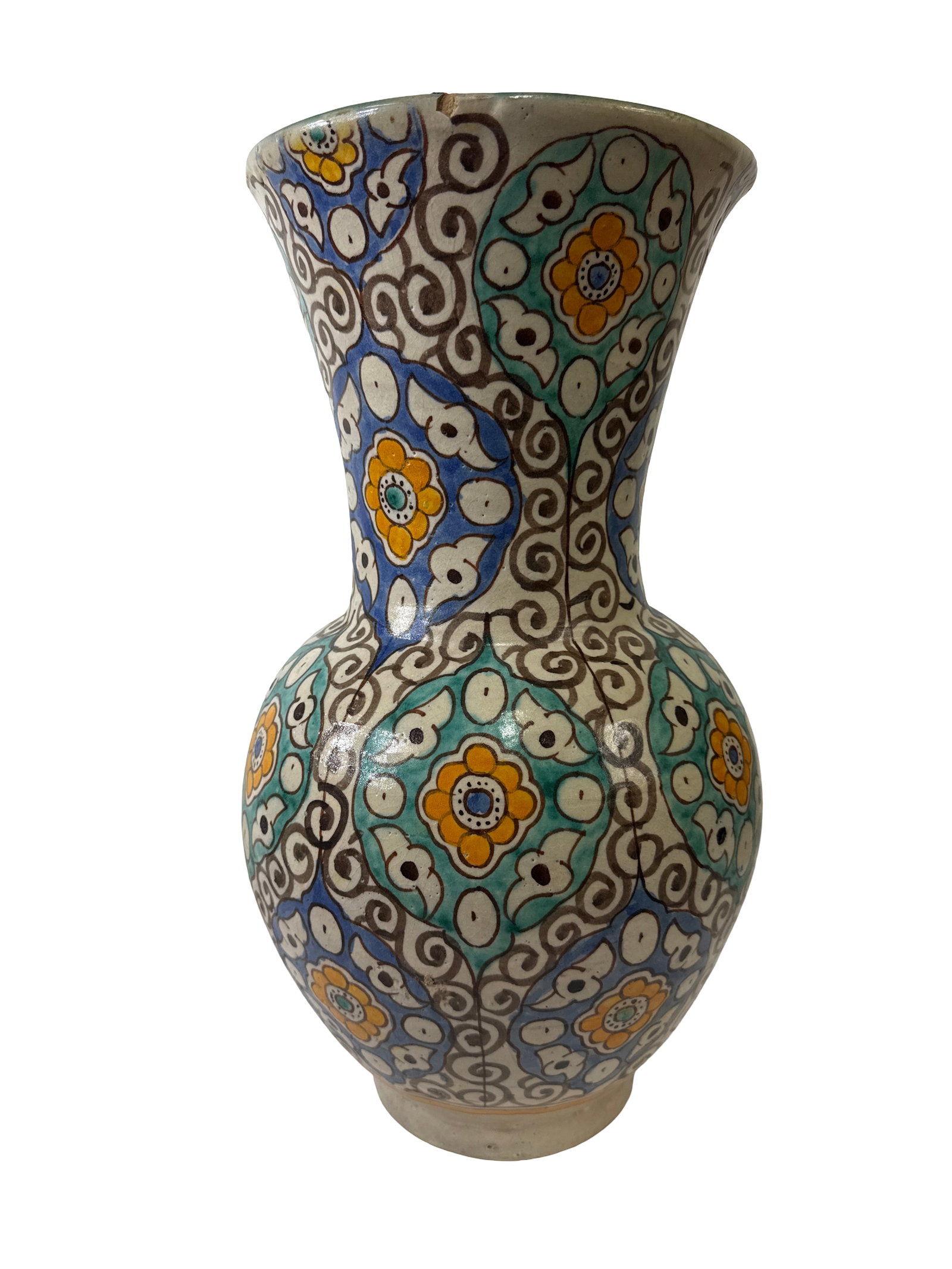 Large Hand-Painted Ceramic Floral Vase: This large glazed ceramic vase features a hand-painted floral and scrollwork design in vibrant shades of blue, green, and orange. The vessel has a flared rim and a bulbous body that tapers toward a