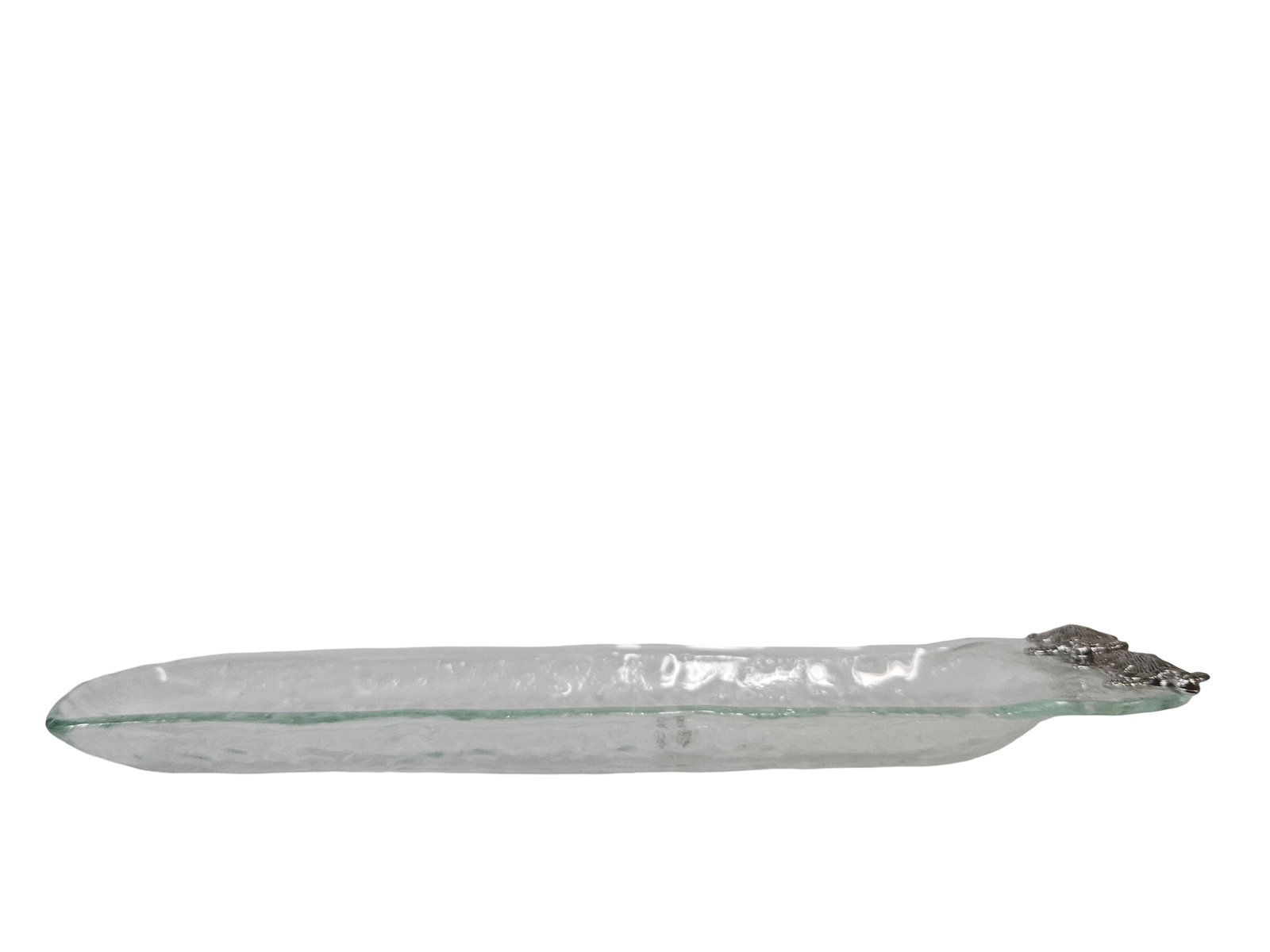 Hammered Glass Serving Tray with Turtles: A rectangular clear glass serving tray featuring a hammered texture and decorative metal turtle accents at one end. Each turtle is detailed with a textured shell and small eyes, securely fastened to t