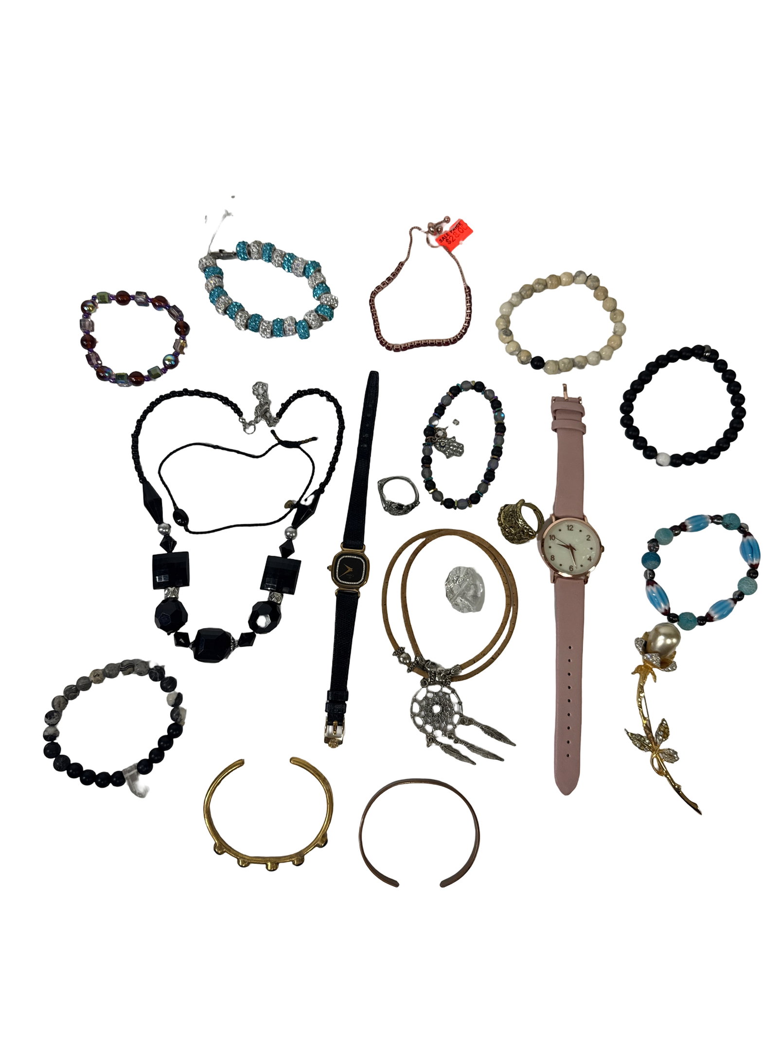 Fashion Jewelry & Wristwatch Group Lot: This assortment of fashion jewelry and accessories features an eclectic mix of beaded bracelets, bangles, and two wristwatches. Included are various styles such as a dreamcatcher charm wrap, a hamsa h