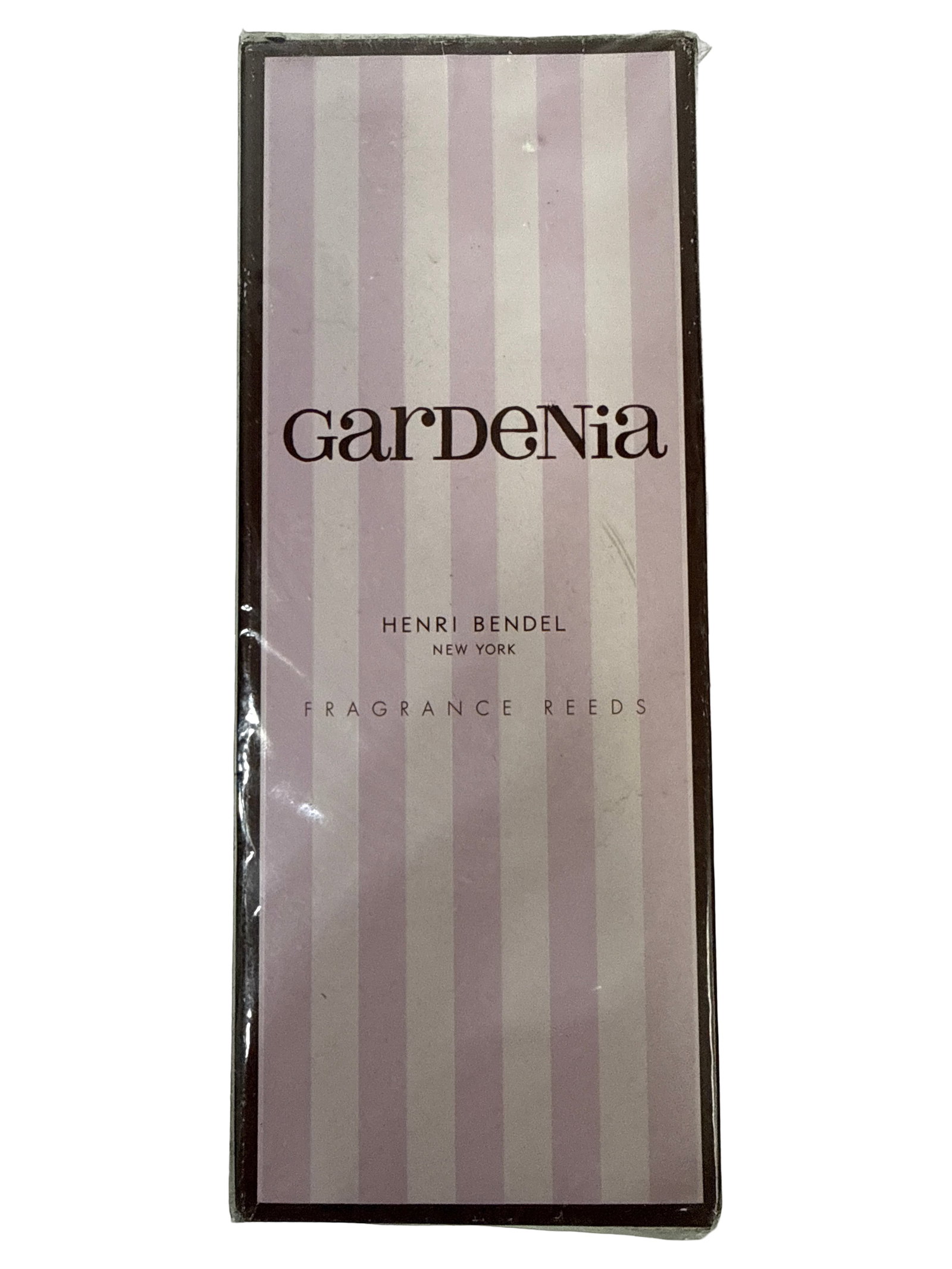 Henri Bendel Gardenia Fragrance Reeds: This Henri Bendel Gardenia fragrance reeds set comes in its original 3.8 fl oz (112 ml) packaging. The box features the iconic brand's signature pink and white stripes and appears to be factory-sealed