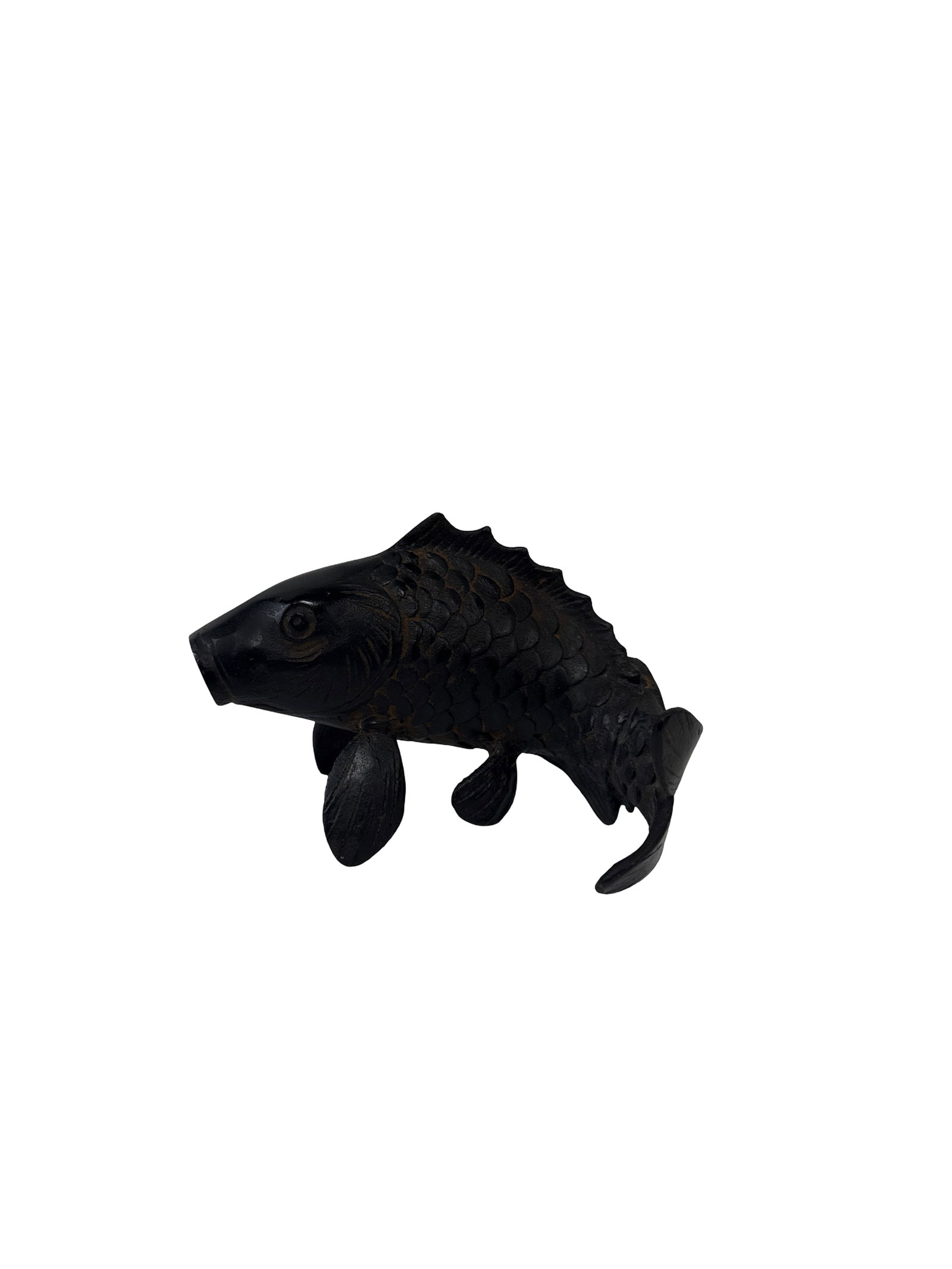 Vintage Cast Iron Koi Fish Figurine: This vintage Japanese-style cast iron carp or koi fish figurine features a dark, textured finish with detailed scale patterns. The piece is designed with an open mouth and multiple fins, providing a l
