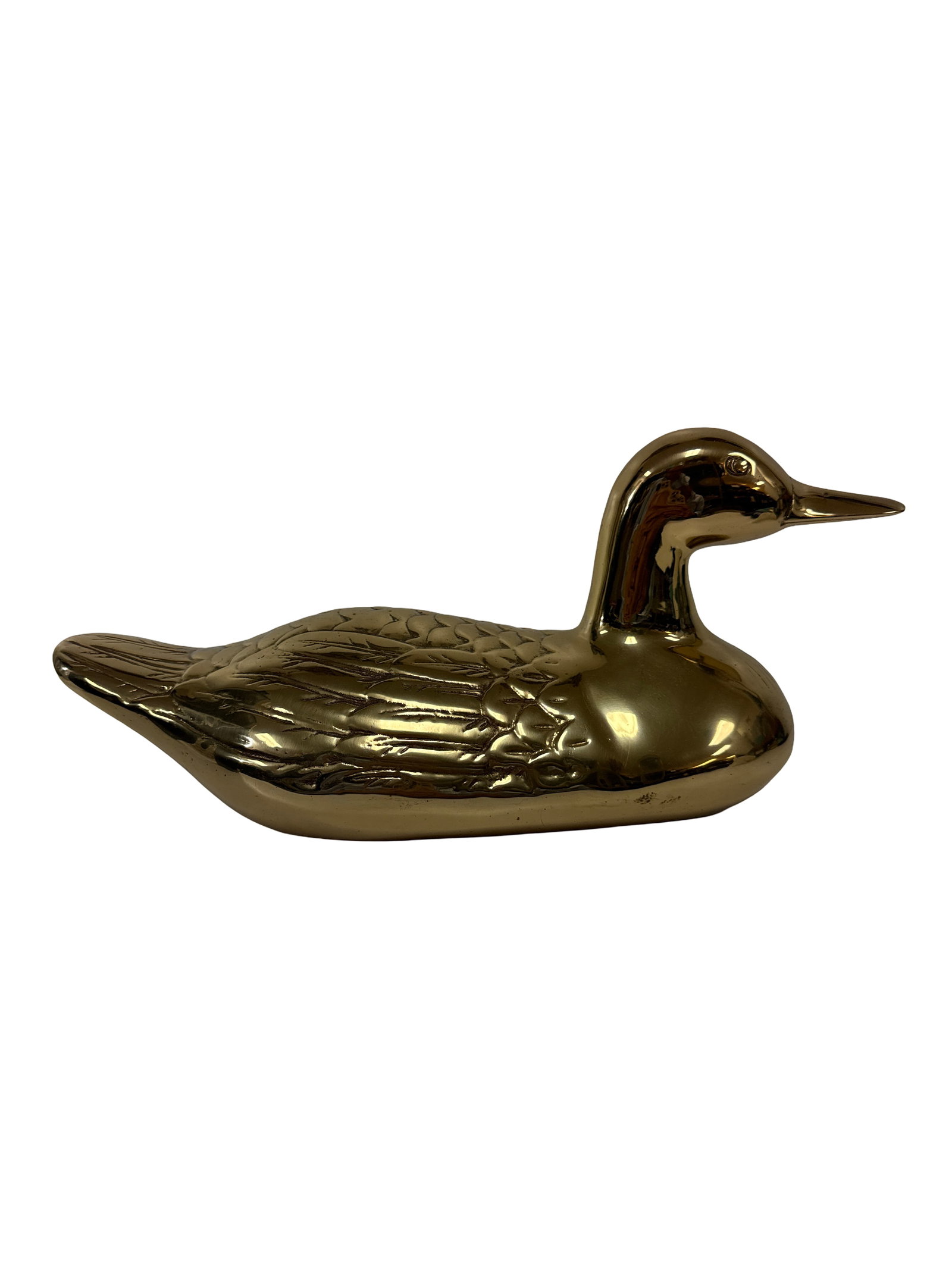 Vintage Polished Brass Loon Figurine: This vintage polished brass figurine depicts a loon or duck decoy in a graceful swimming pose. The piece features etched feather detailing along the back and wings, finished in a high-shine gold tone.