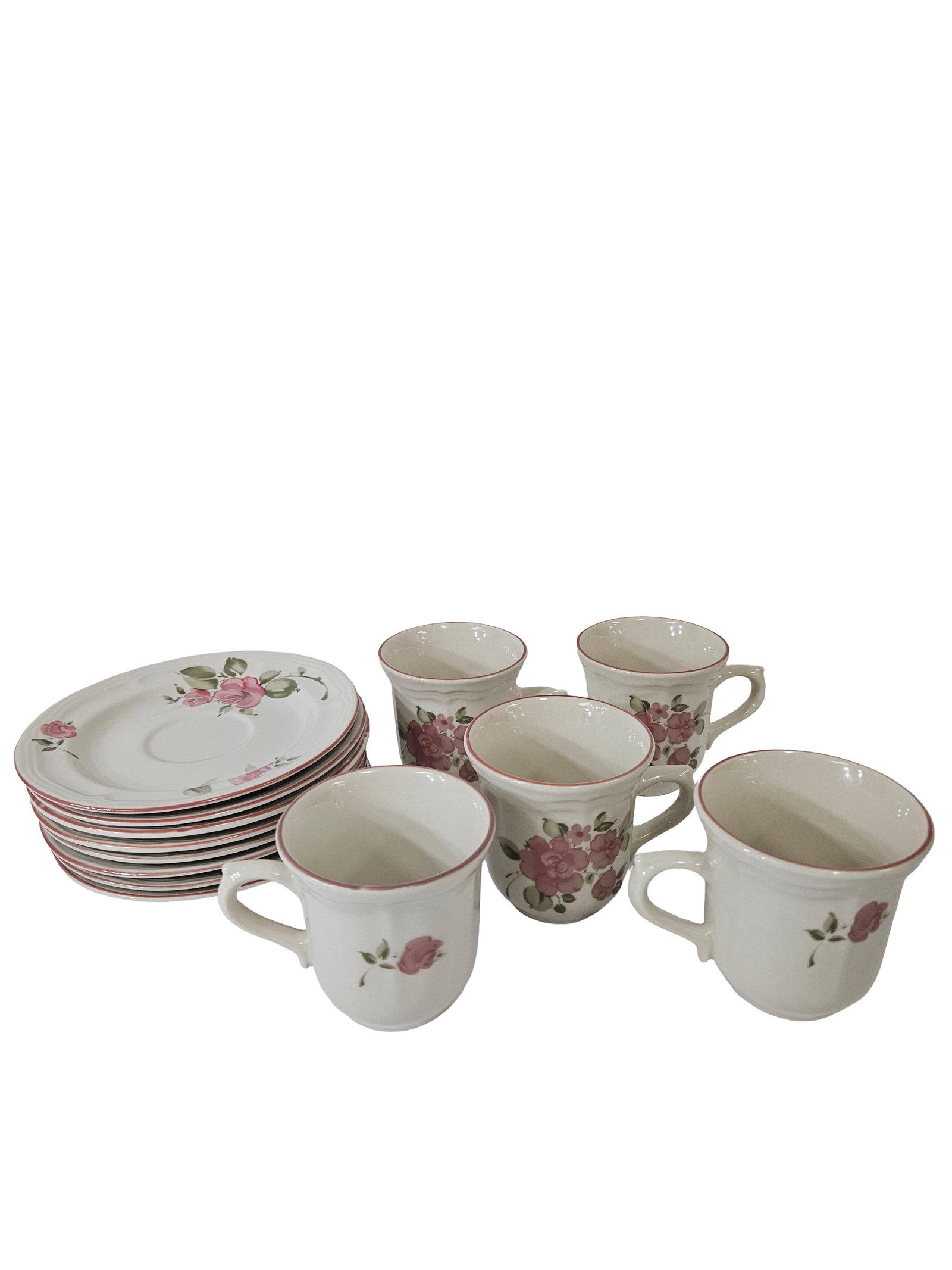 Gibson Housewares Floral Rose Cup Set: This collection includes a set of ceramic tea cups and matching saucers featuring a delicate pink rose floral motif. Each piece is finished with a thin pink rim accent and a classic white glazed