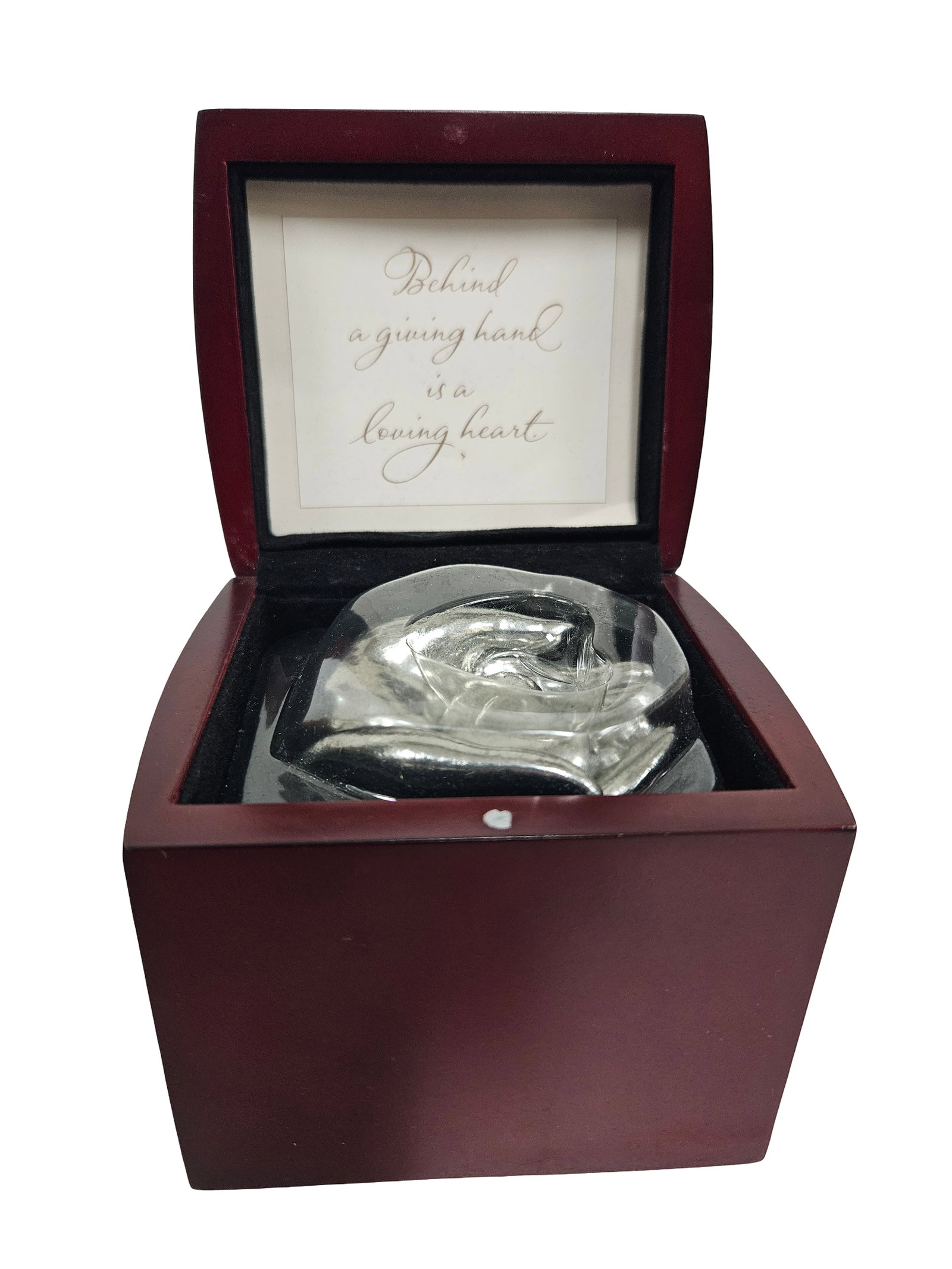 Silver-Tone Hands and Heart Gift Box: This silver-tone figural sculpture features two cupped hands cradling a removable heart. The set is presented in a dark wood finish display box featuring an inspirational printed quote inside the
