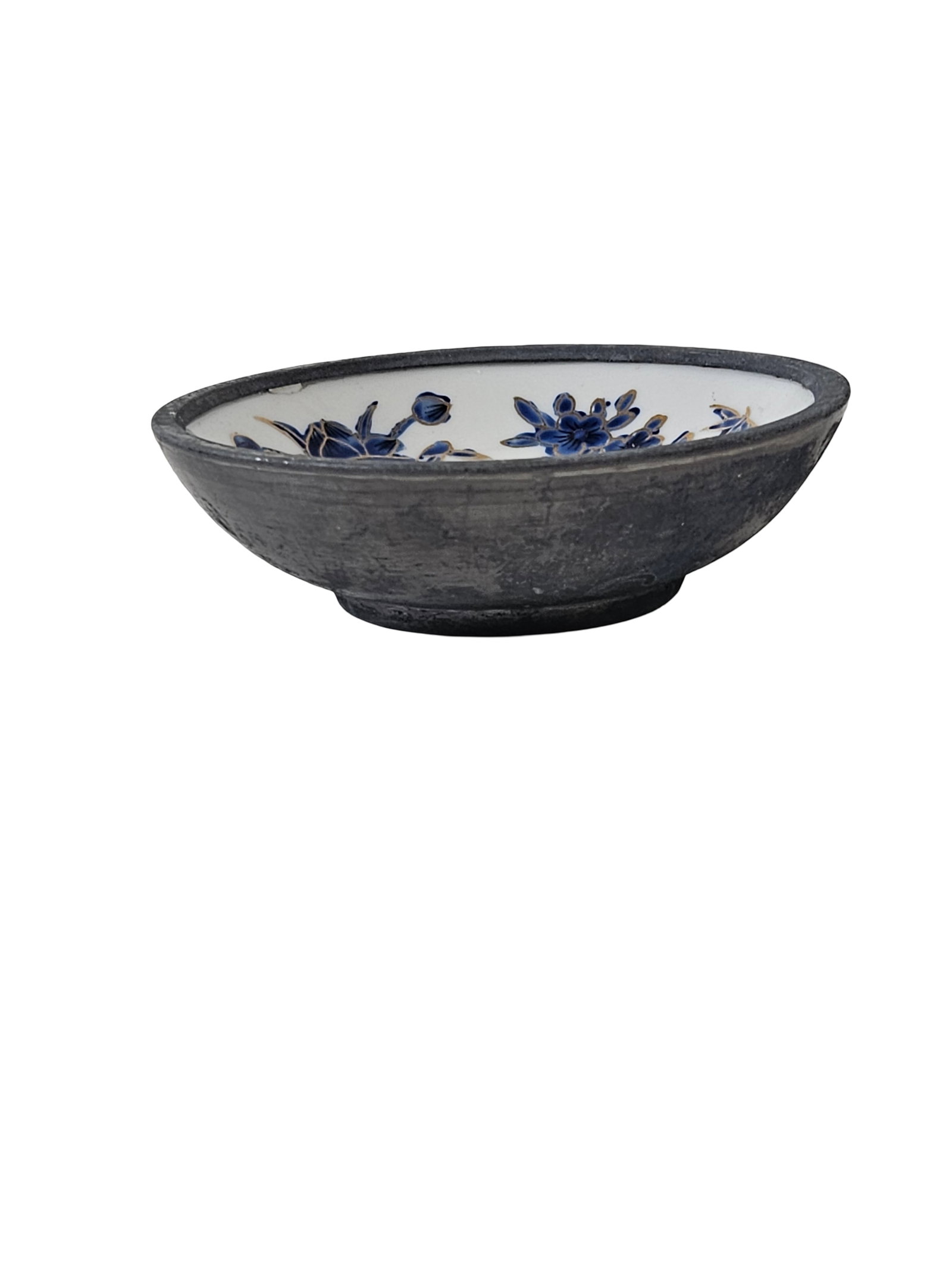 ACF Pewter Encased Porcelain Floral Bowl: This vintage porcelain bowl features a hand-painted blue floral motif with elegant gold gilt accents on the interior. The exterior is encased in a rustic pewter or lead-alloy metal wrap, typical of mi