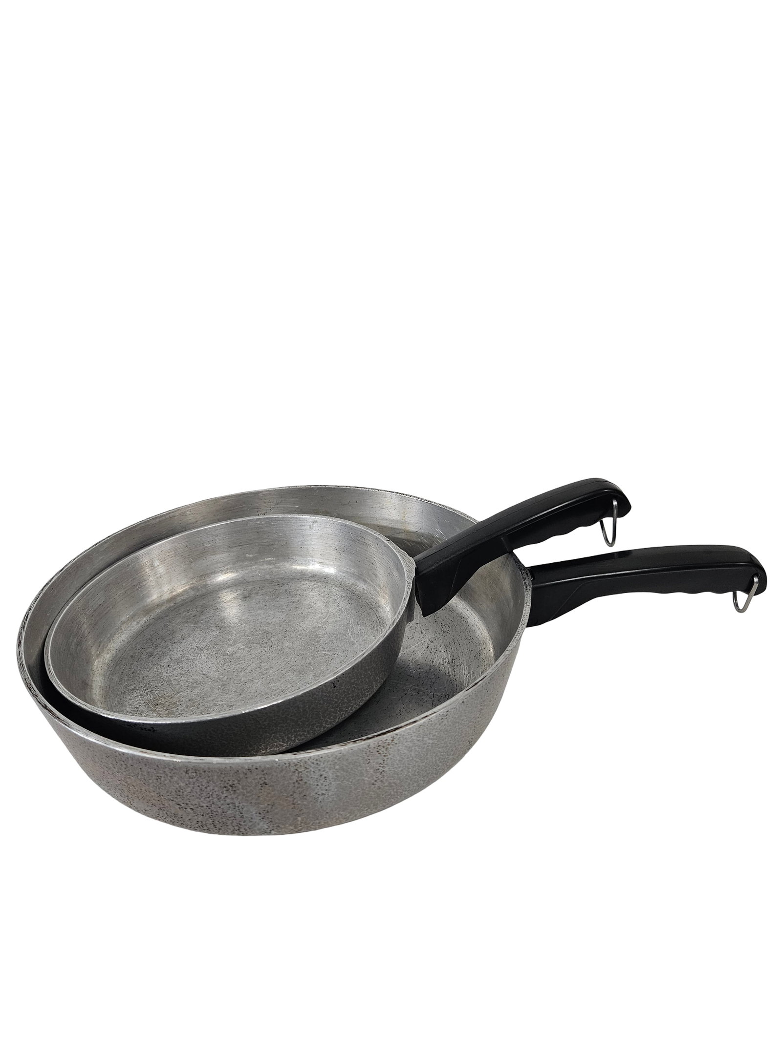Two Vintage Club Aluminum Skillets: This lot features two vintage cast aluminum skillets of different sizes, both bearing the iconic Club Aluminum logo on the underside. Each pan is equipped with a durable black composite handle