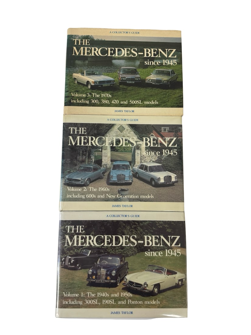 Vintage Mercedes-Benz since 1945 3-Vol Book Set: This vintage lot features a three-volume collector's guide set titled The Mercedes-Benz since 1945 by James Taylor. Published by Motor Racing Publications, the set covers the 1940s through the 1970s,