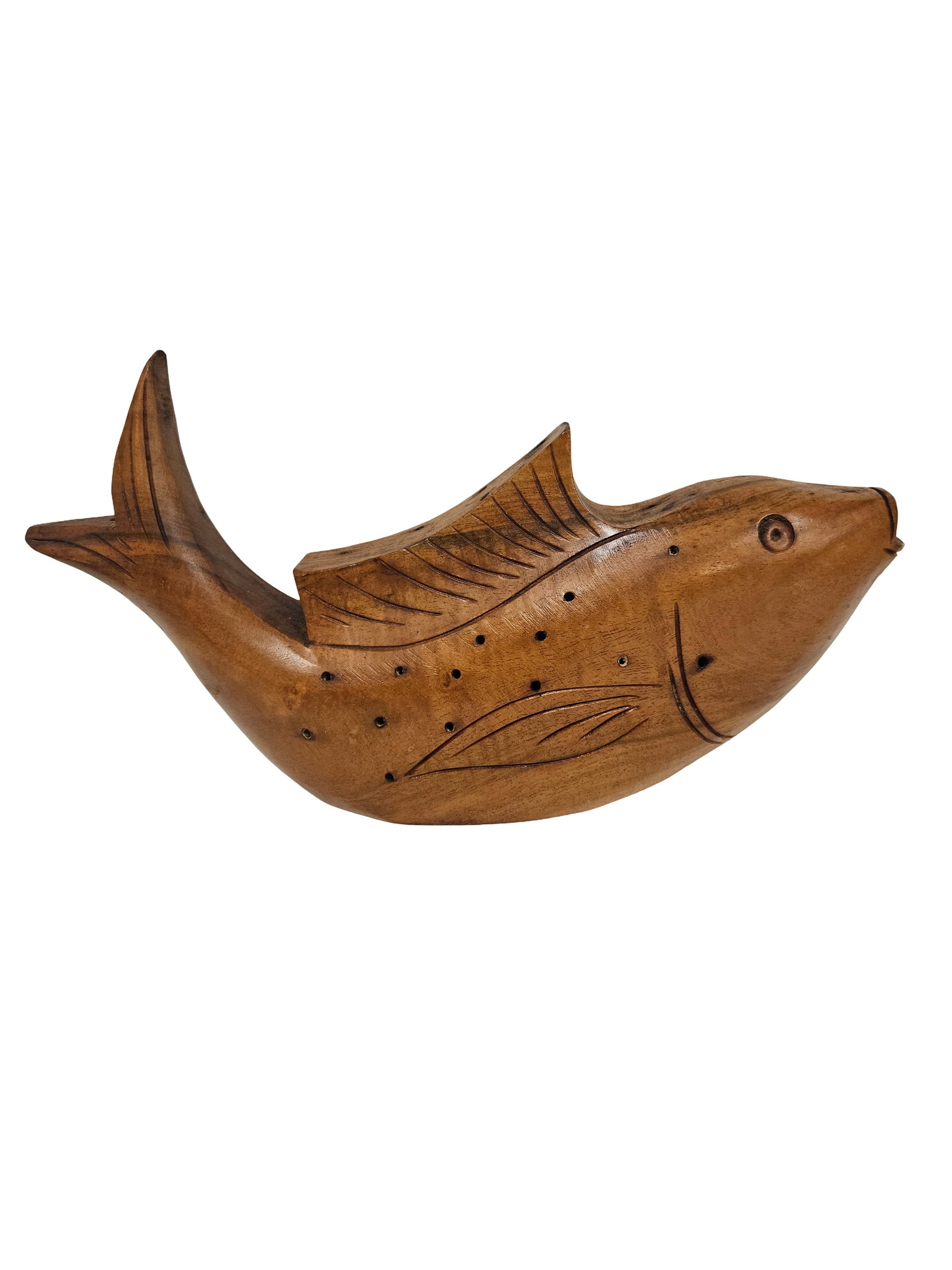 Milo of Hawaii Vintage Hand Carved Milo Wood: This vintage hand-carved Milo wood fish figurine features a stylized Mid-Century aesthetic with incised fin details and a warm honey-colored finish. The underside is marked 'Milo of Hawaii' and 'Milo