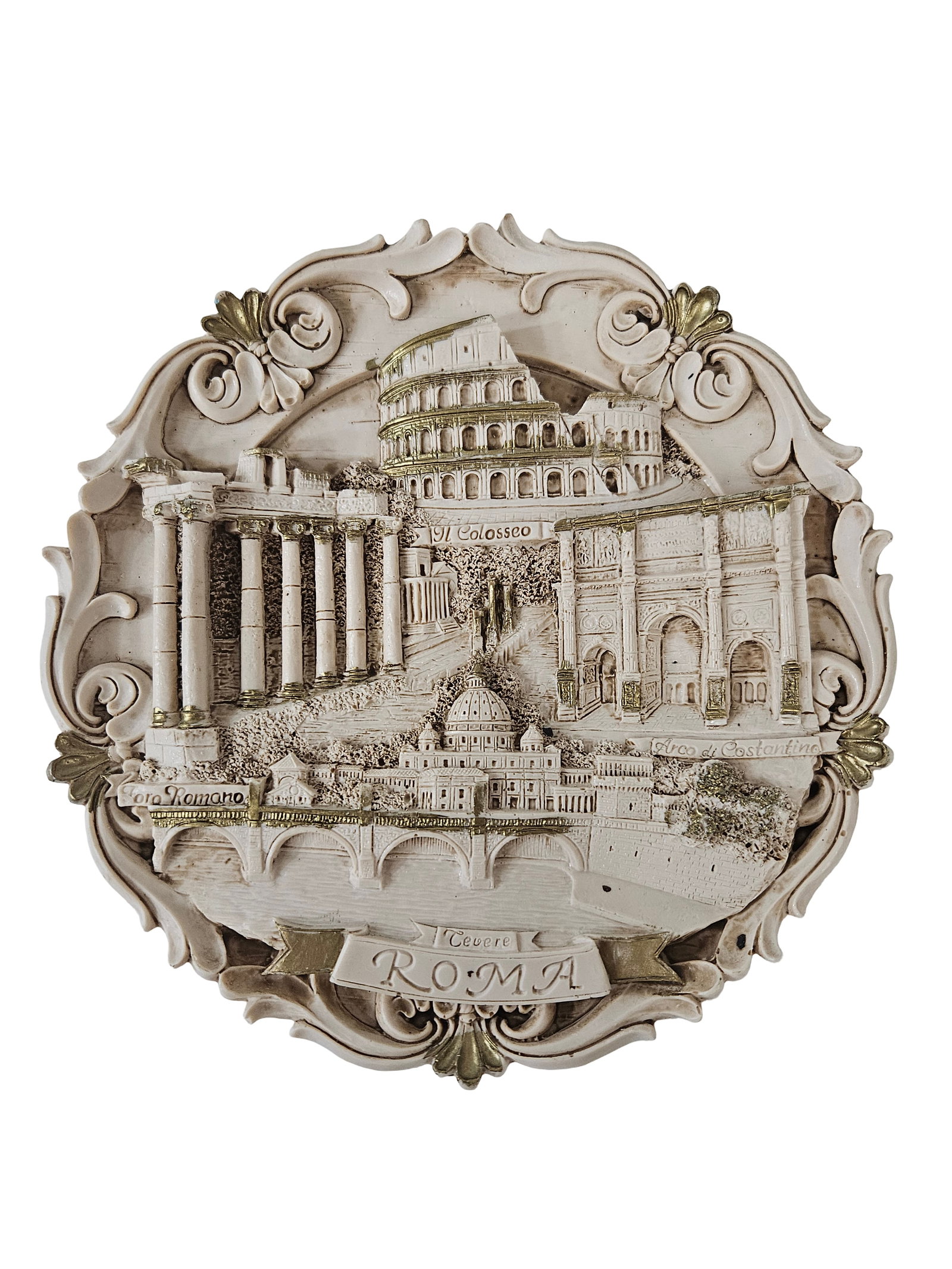 Rome Landmarks Souvenir Relief Plaque: This decorative relief plaque features a composite scene of iconic Roman landmarks, including the Colosseum, the Roman Forum, and St. Peter's Basilica. Crafted in a detailed high-relief style, the