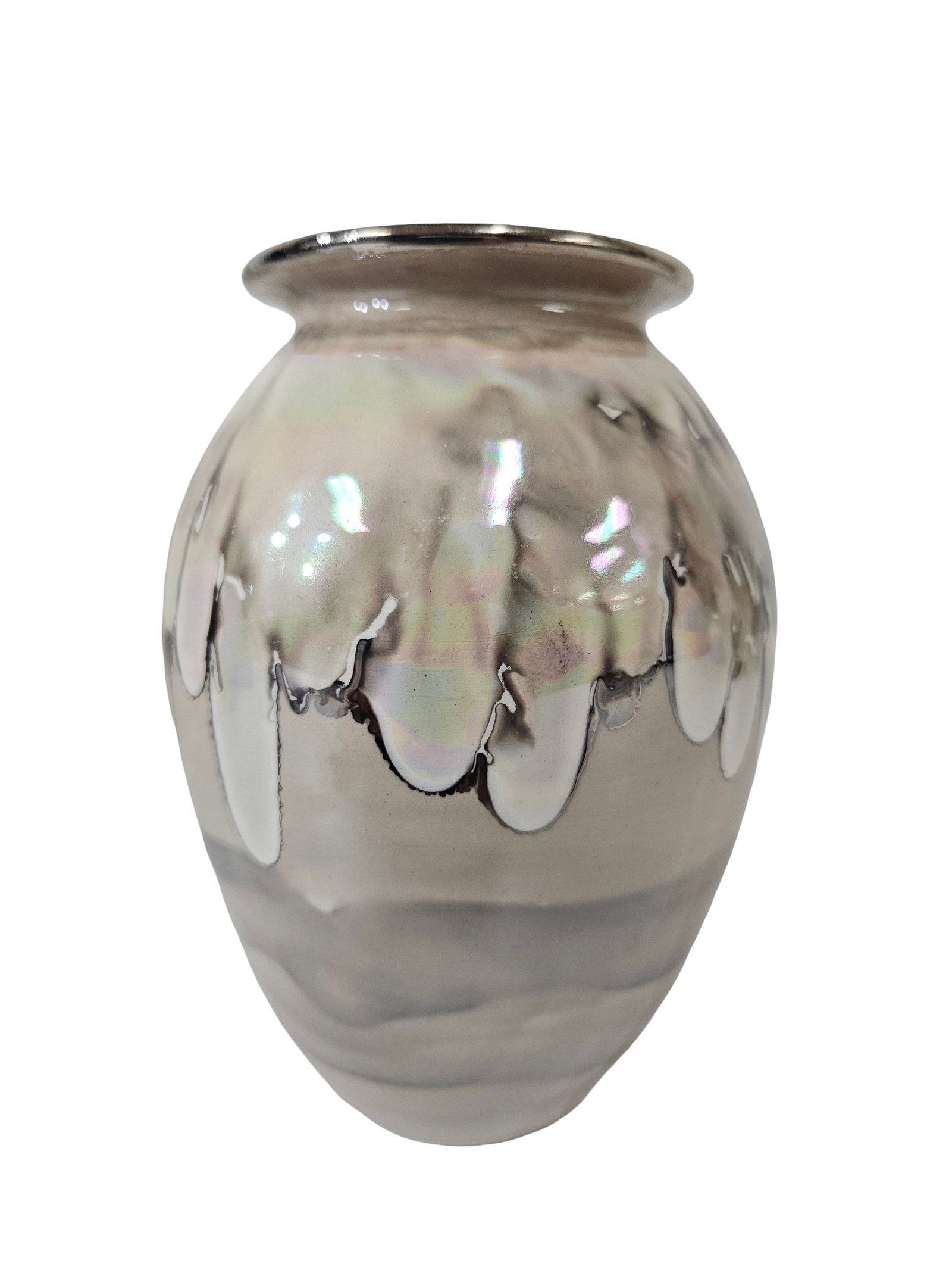 Modern Iridescent Drip Glaze Pottery Signed: This signed contemporary studio pottery vase features a bulbous form with a striking iridescent drip glaze over a neutral gray and white body. The rim is finished with a silver-tone metallic luster, a