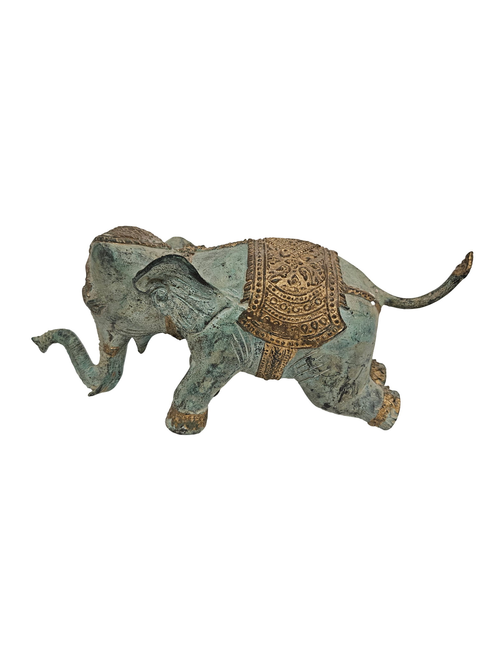 Vintage Verdigris Cast Metal Elephant: This vintage cast metal elephant sculpture features an ornate ceremonial saddle and headpiece with gold-tone accents. The body is finished in a heavy green verdigris style patina to simulate aged