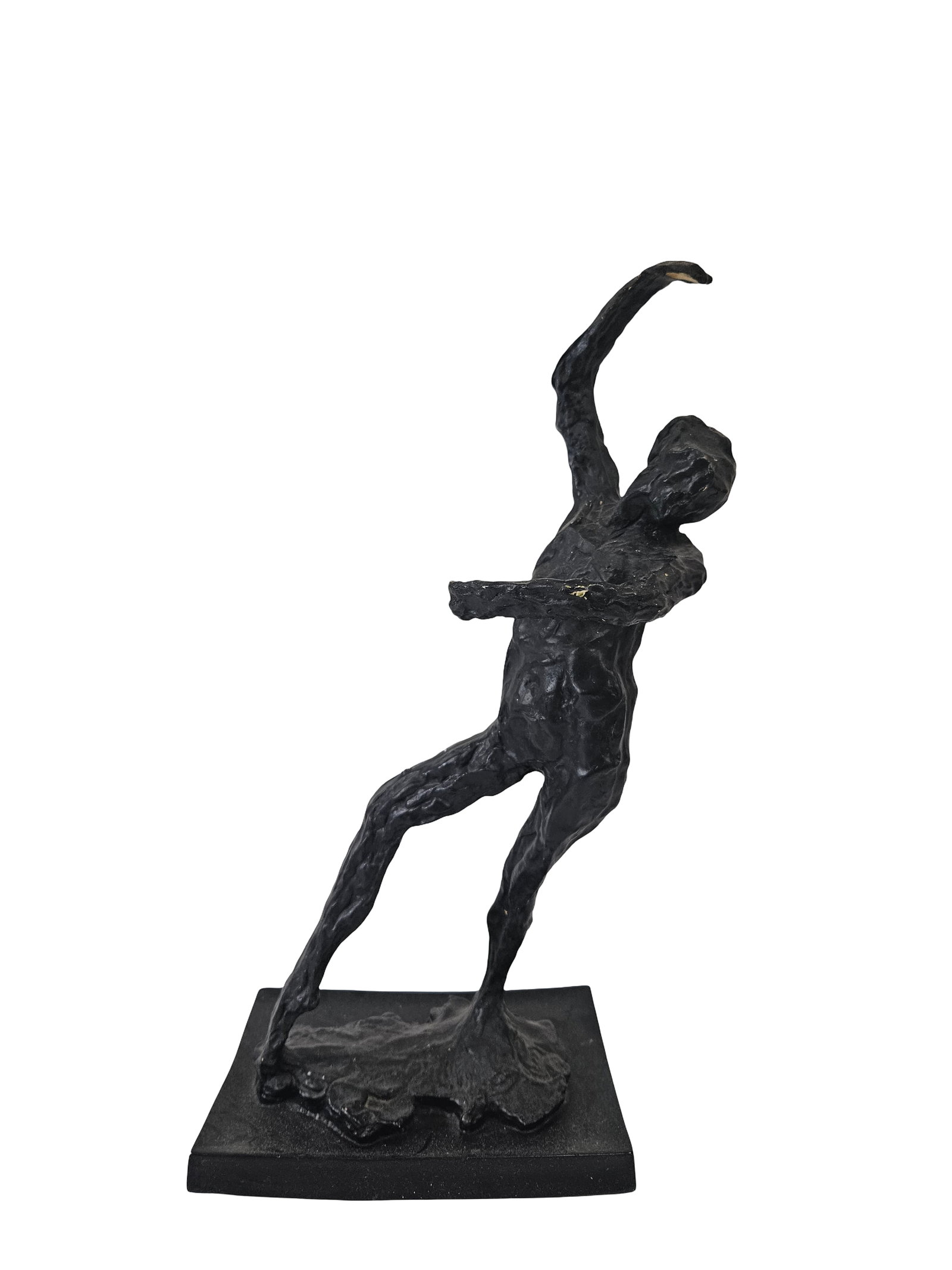 Modernist Abstracted Male Figure Statue: This modern figurative sculpture features an abstracted male form in a dynamic, reaching pose. The piece is rendered with a heavy impasto-like texture in a dark, possibly composite or plaster material