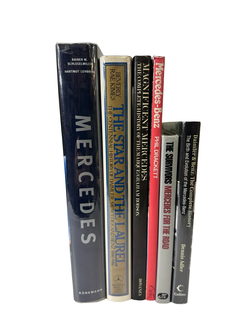 Lot of 7 Mercedes-Benz History Books: A comprehensive collection of seven hardcover books detailing the history and models of Mercedes-Benz. Featured titles include 'The Star and the Laurel' by Beverly Rae Kimes, 'Daimler & Benz: The Comp