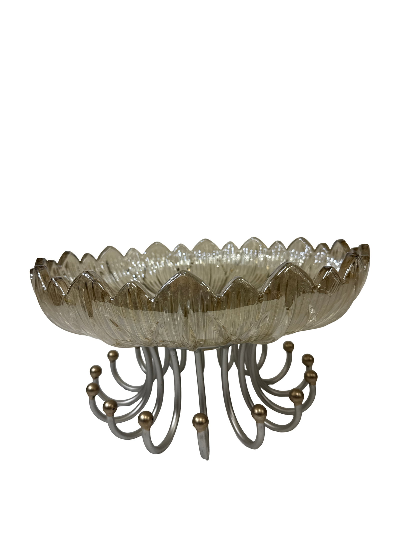 MCM Scalloped Ribbed Glass Centerpiece: This mid-century modern style centerpiece features a large ribbed glass bowl with a distinctive scalloped edge and a warm amber-smoke tint. The bowl rests upon an atomic-style metal pedestal base with