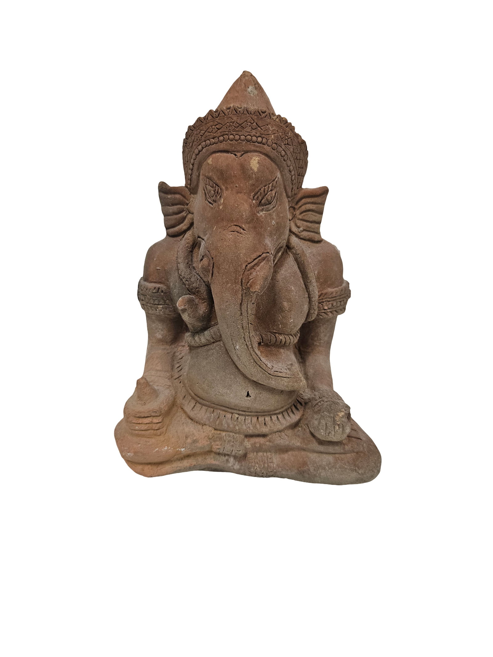 Seated Terracotta Ganesha Figure: This terracotta-colored clay sculpture depicts the Hindu deity Ganesha in a seated meditative pose with traditional ornamentation. The figure features intricate carved details on the crown, armbands, 