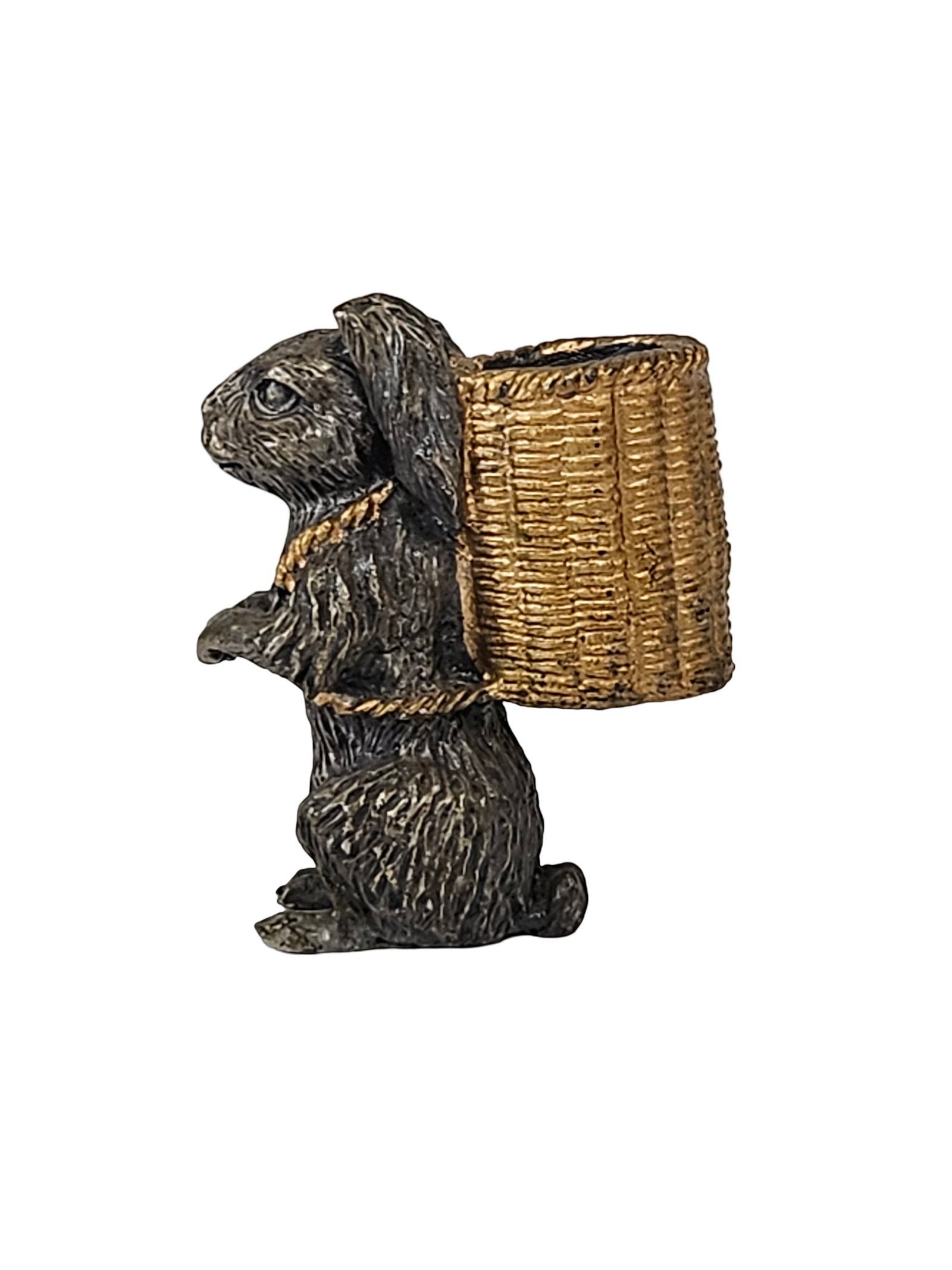 Rabbit Figurine with Gilded Basket: This charming decorative figurine features a seated rabbit carrying a large woven basket on its back. The piece is crafted from cast resin or heavy composite material with a textured fur finish and gi