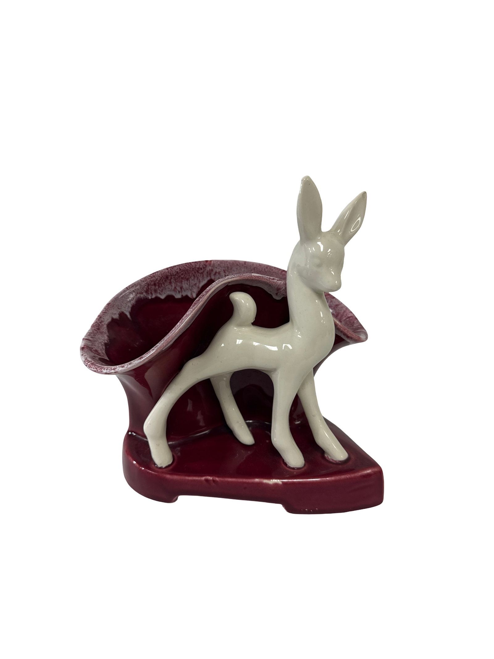 Vintage Mid-Century USA Ceramic Deer: A charming mid-century modern ceramic planter featuring a stylised white deer or fawn against a deep burgundy background. The piece exhibits a textured drip glaze along the rim and is marked 'USA' on