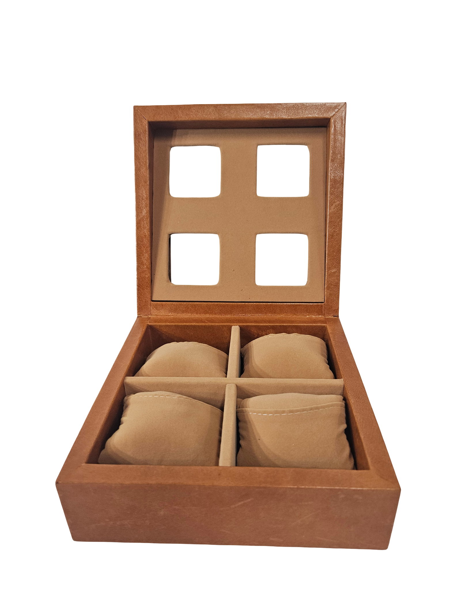 Tan Leatherette 4-Slot Watch Case: This tanned leatherette watch display case features four individual compartments for timepiece storage. The hinged lid is designed with four transparent windows and white contrast stitching for a