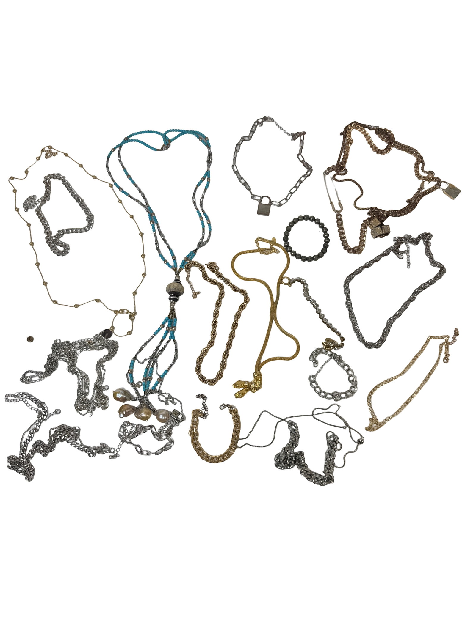 Large Mixed Fashion Jewelry Chain Lot: This extensive collection includes over 15 various fashion necklaces and bracelets in gold-tone and silver-tone finishes. The assortment features chunky curb chains, delicate beaded strands, a
