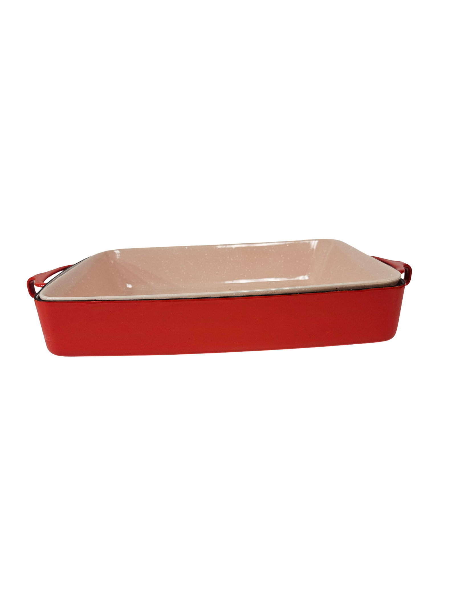 Dansk Red Enamel Roaster with Insert: This vintage two-piece set features a red enameled metal roaster with a fitted speckled pink stoneware insert. The metal roaster is marked Dansk International Designs France, while the ceramic insert 